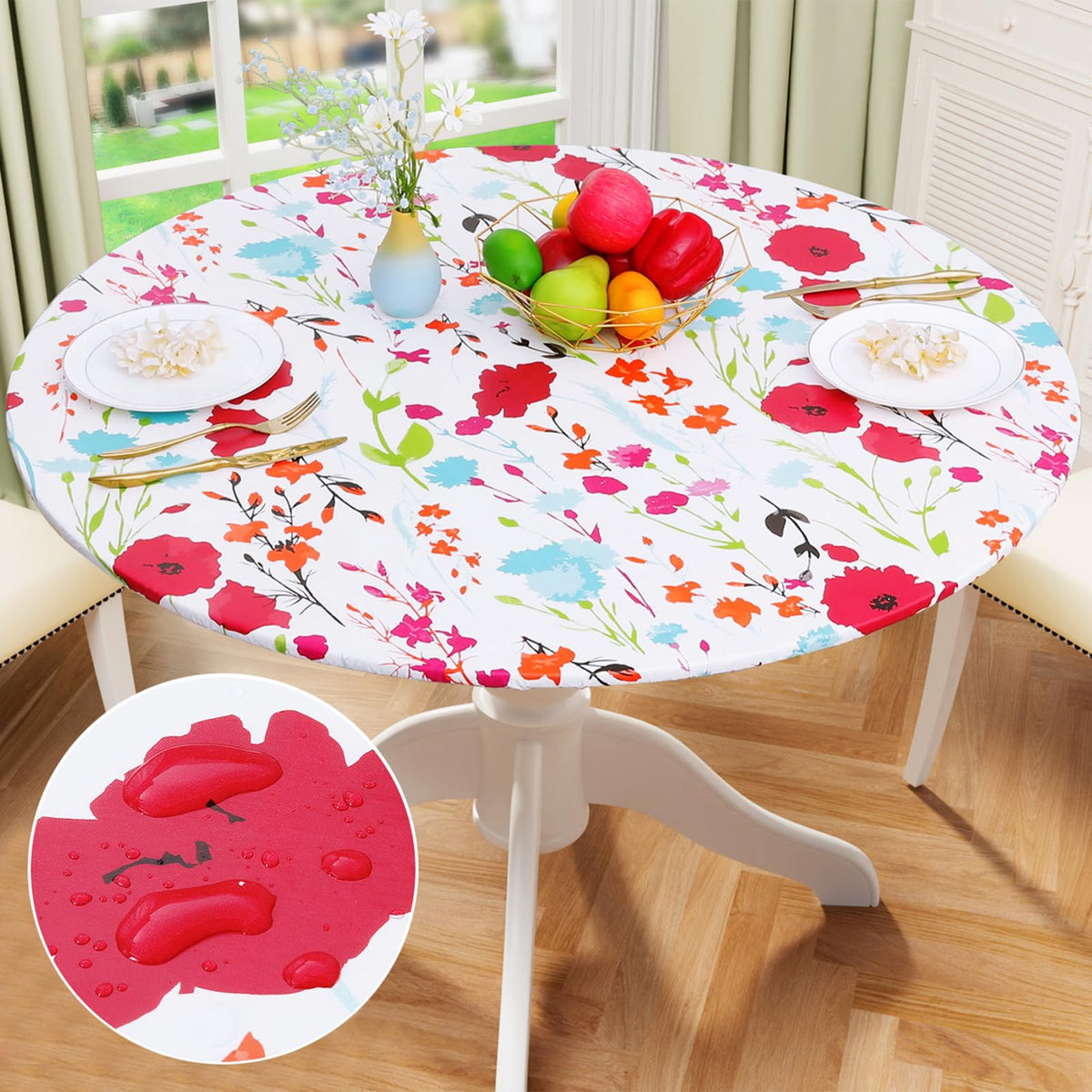 Misaya Round Fitted Tablecloth With Elastic Edge, 100% Waterproof Oil Proof Plastic Table Cover, Vinyl Flannel Backed Table Clot