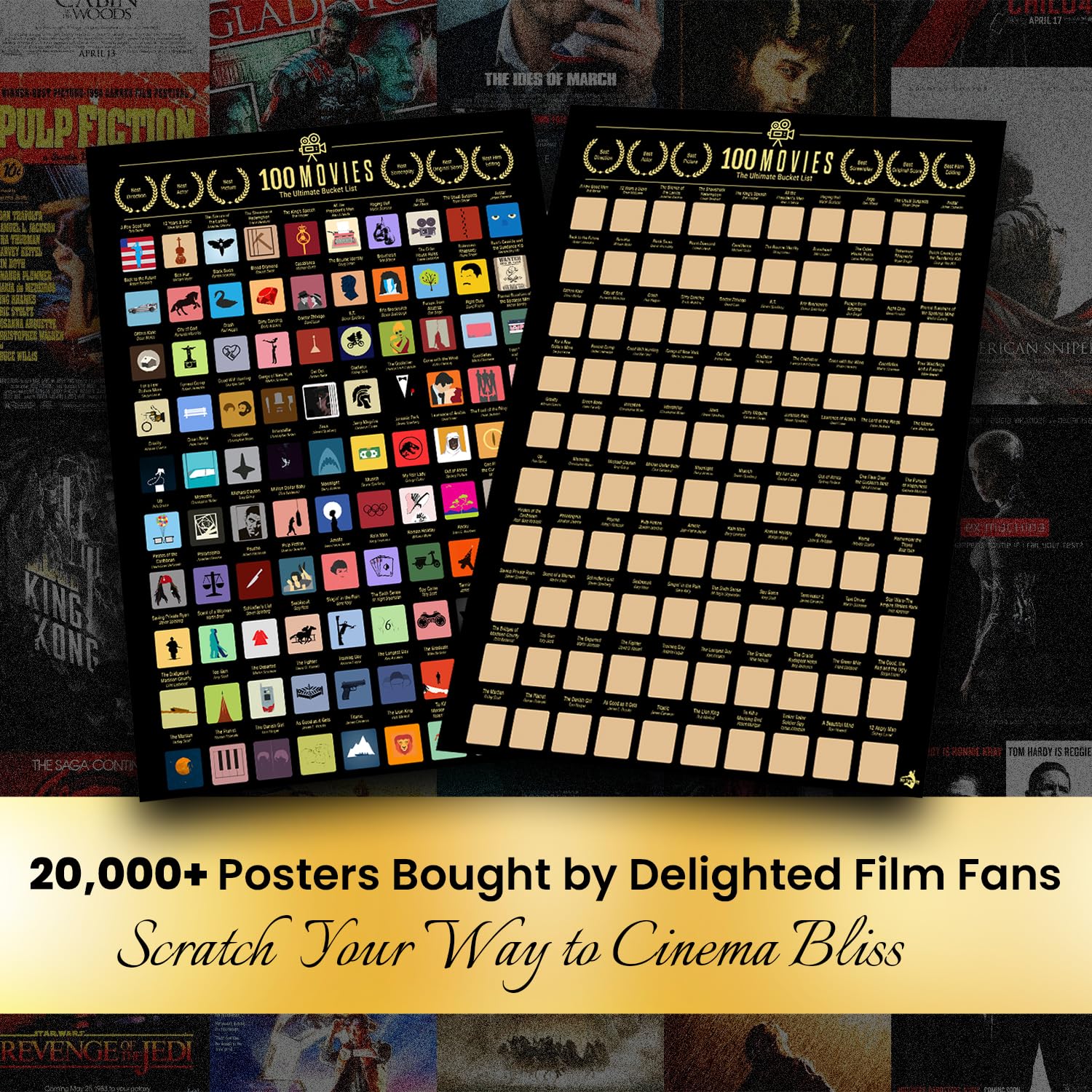 100 Movies Scratch Off Poster - Movie Scratch Off Poster - Easy Off Gold Foil - Includes Scratching Tool And Ebook -100 Best Mov