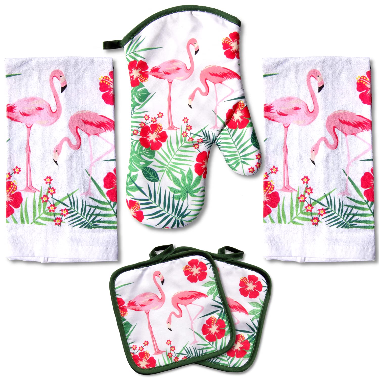 Lobyn Value Packs - 5 Piece Tropical Kitchen Towel Set: Features Flock Of Pink Flamingos, 2 Decorative Dish Towels, 1 Oven Mitt,