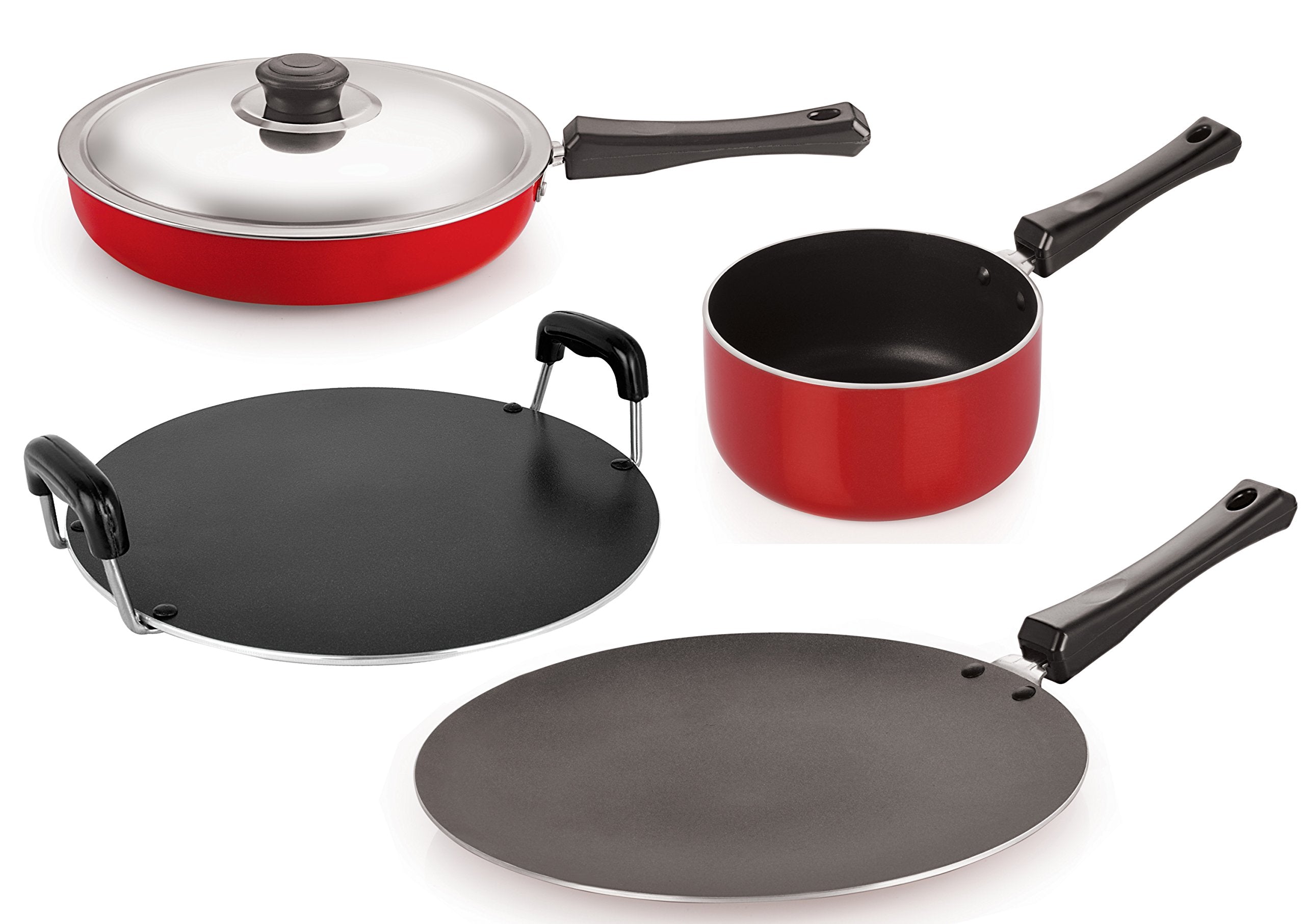 Nirlon NonStick Aluminium Cookware Set, 4Pieces, Red (2.6Mm_Ct_Fp13_Spb_Rt)