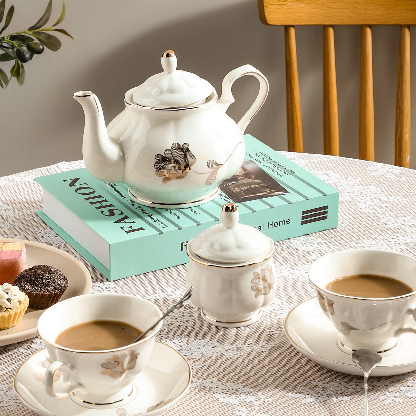 Chenp.Hmc Porcelain Ceramic 22-Piece Tea Set, Teapot And Cup Set, 30.7 Ounces, For 6, Gift Sets, Tea Or Coffee Lovers, Wedding,