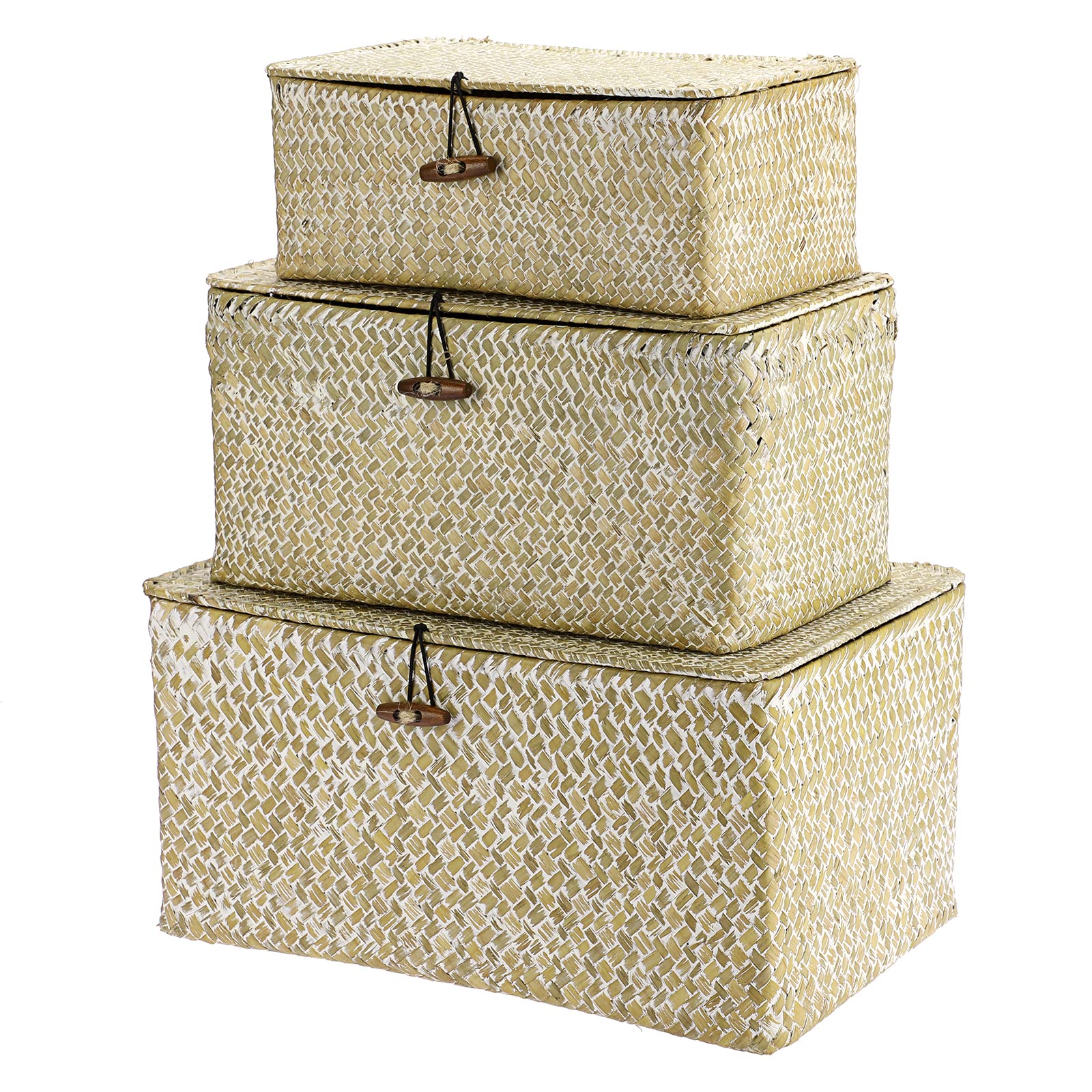 Hipiwe Set of 3 Wicker Storage Baskets with Lid - Large Handwoven Seagrass Shelf Basket Bins Rectangular Nesting Household Organ