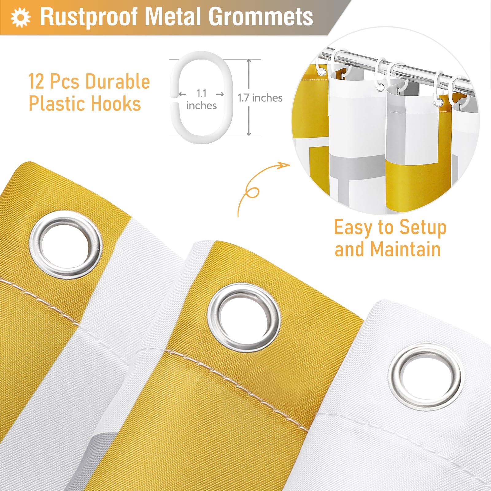 BTTN Gold Shower Curtain  Geometric Fabric Shower Curtain Set with 12 Plastic Hooks  Water Repellent  Machine Washable  Modern Decorative Polyester Cloth Shower Curtains for Bathroom Decor  72x72