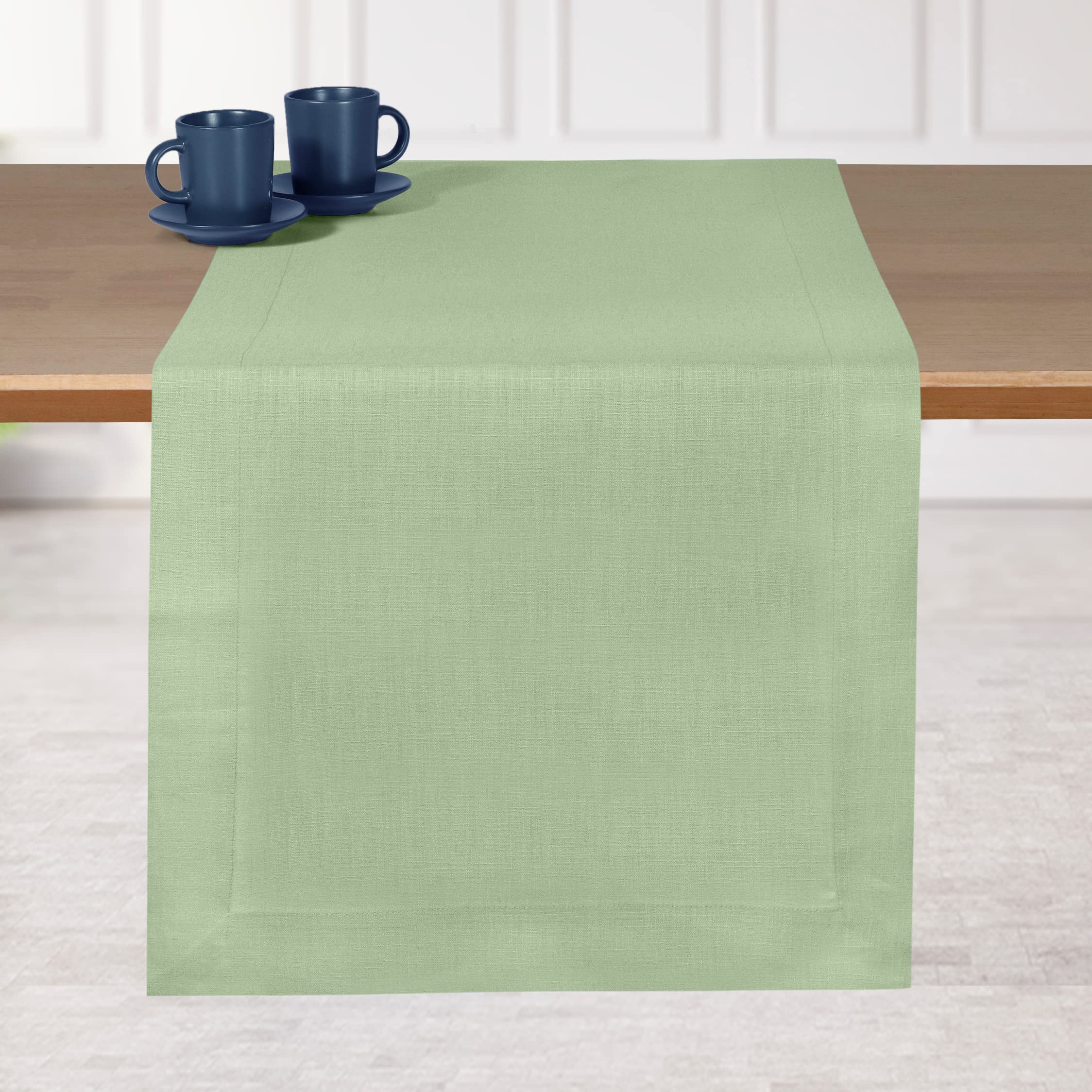 Dmoksha Homes Linen Table Runner - 14 X 132 Inch Sage Green, 100 Pure Linen Hemmed Table Runners 132 Inches Long, Machine Washab