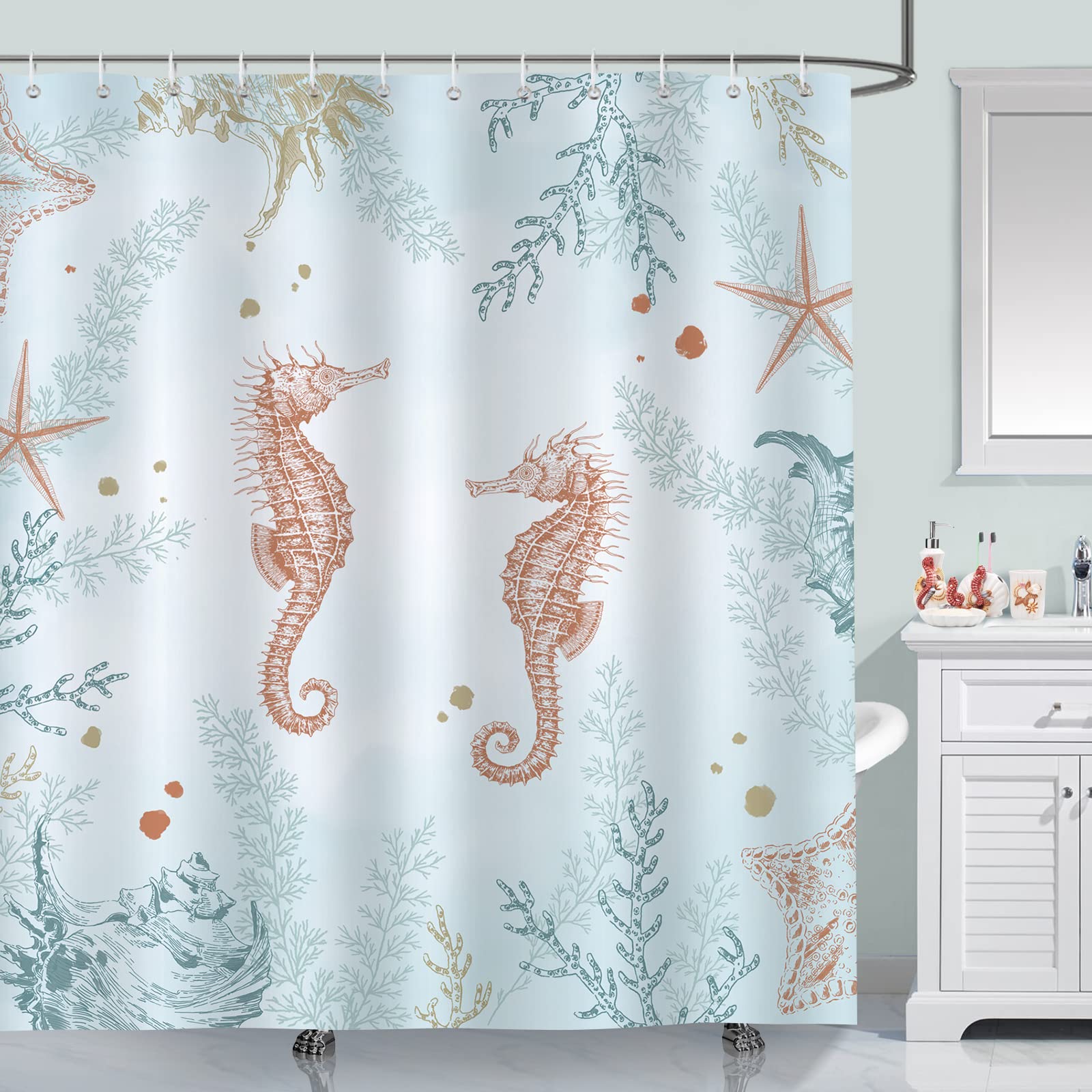 Bonhause Coastal Seahorse Shower Curtain Starfish Coral Beach Ocean Decorative Bath Curtain 72 X 72 Inch Polyester Fabric Machin