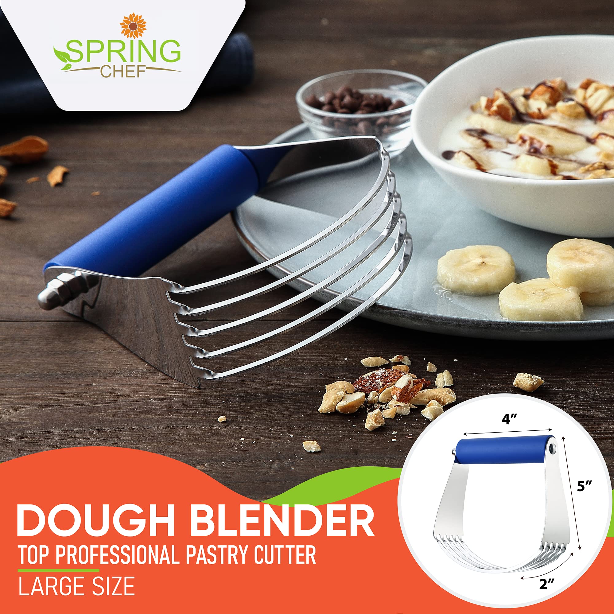 Spring Chef Large Dough Blender For Baking, Stainless Steel Puff Pastry Cutter Tool with Sharp Blades, Manual Dough Mixer, Dishw