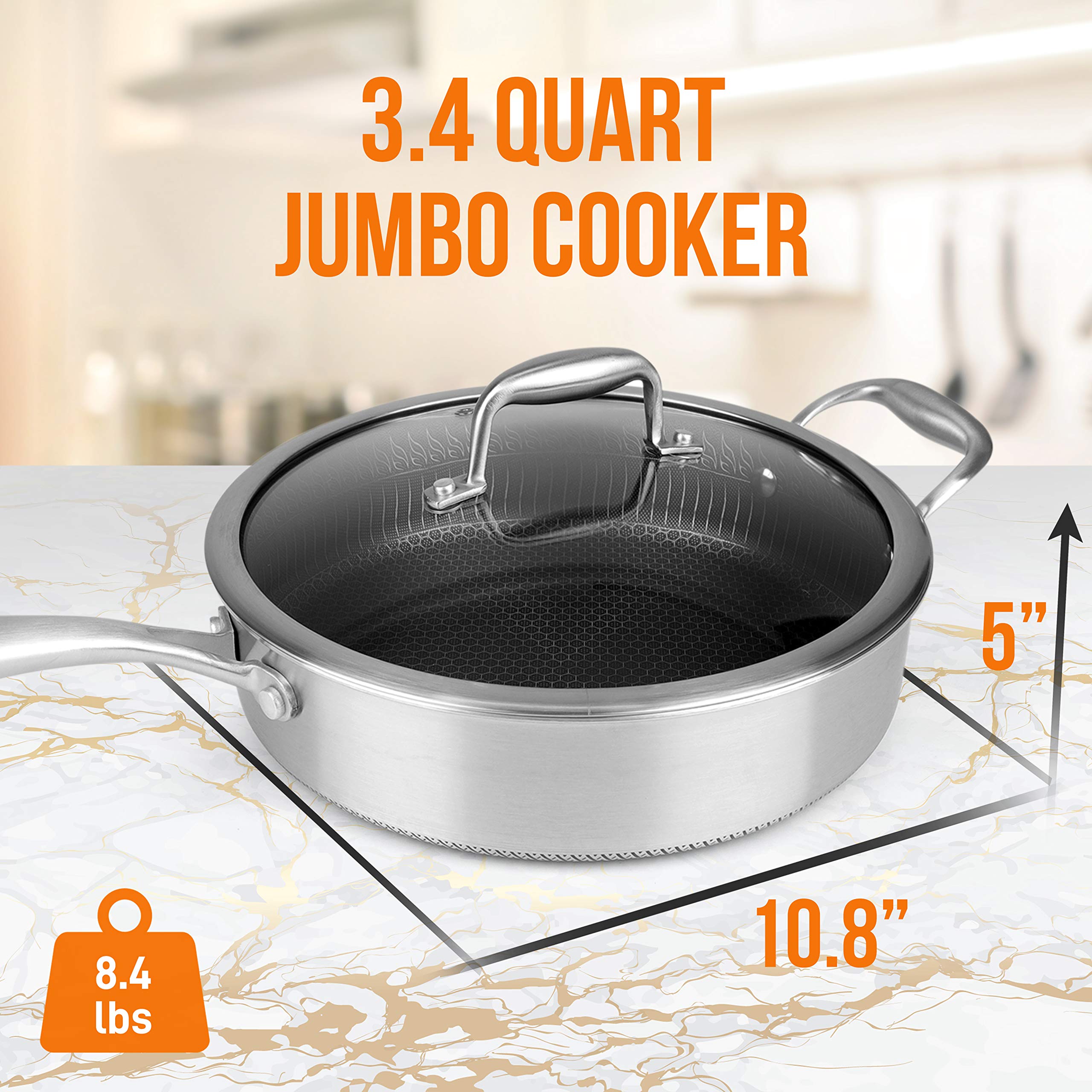 Nutrichef 3.4Qt Stainless Steel Jumbo Cooker - Triply Kitchenware Jumbo Cooker With Glass Lid - Dakin Etching Non-Stick Coating,