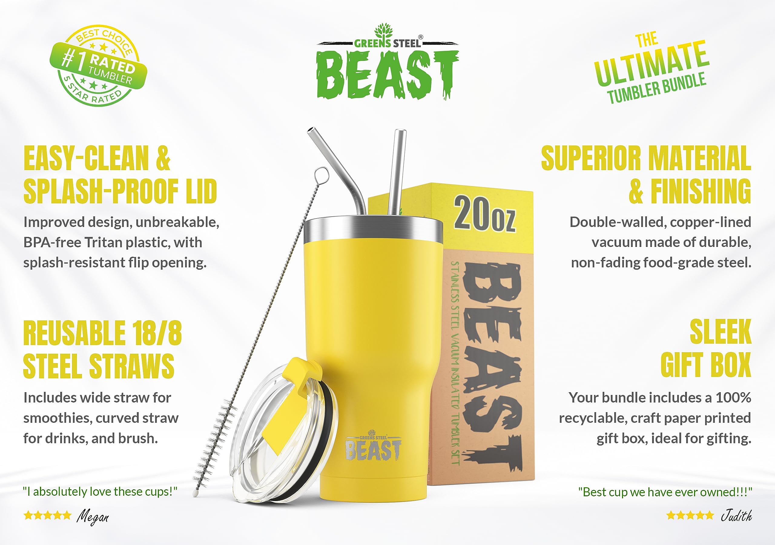 Beast 20 oz Tumbler Stainless Steel Vacuum Insulated Coffee Ice Cup Double Wall Travel Flask (Lemon)