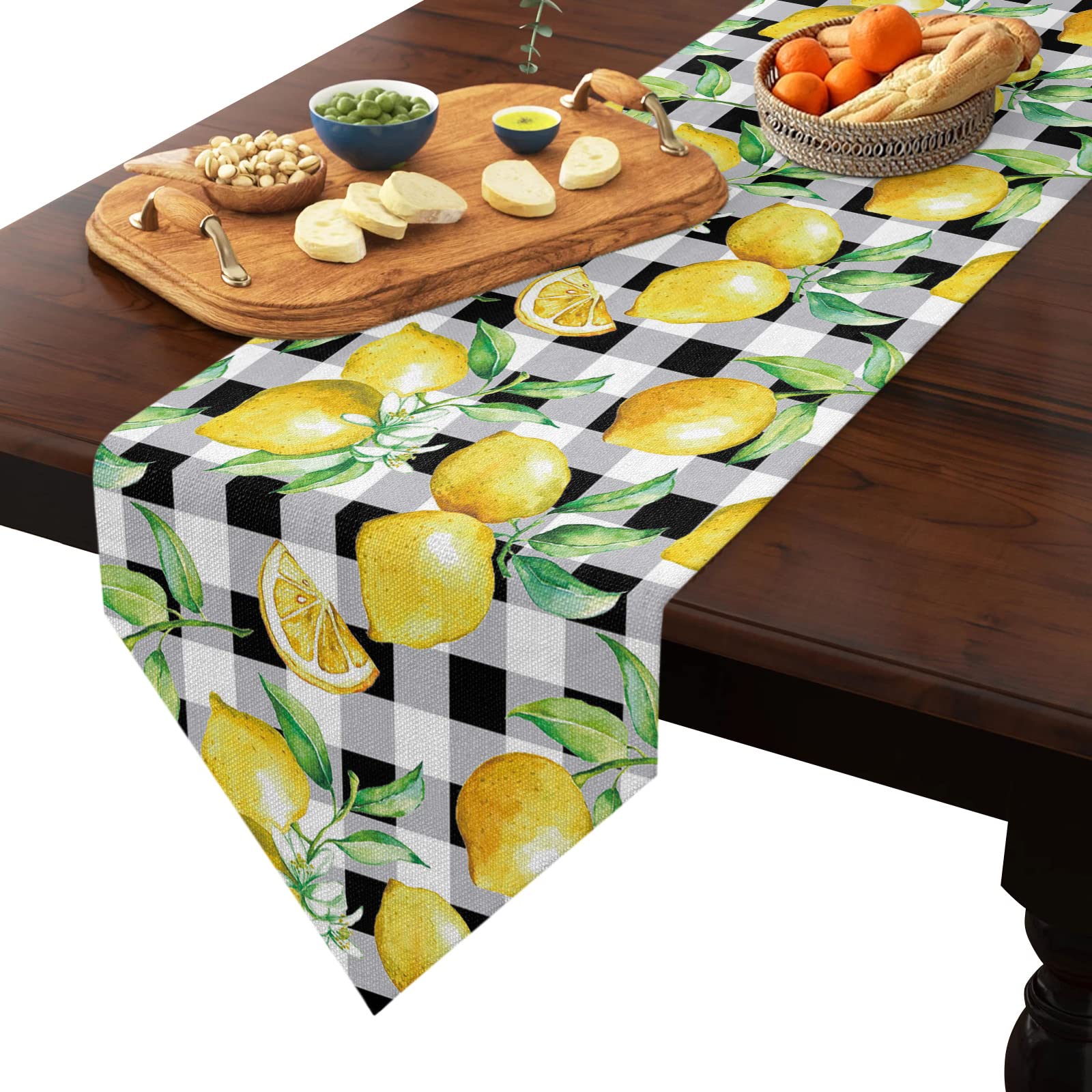 Linen Burlap Table Runner Spring Farmhouse Dresser Scarves, Yellow Lemon On Buffalo Plaid Table Runners For Family Dinner/Holida