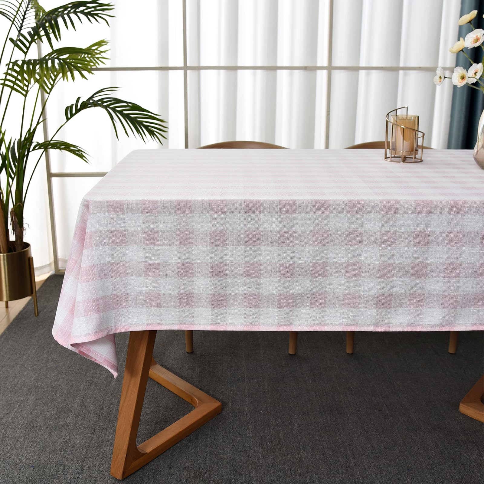 Yofori Gingham Table Cloth for Square Tables Pink Checkered Plaid Tablecloth Heavy Duty Cotton Blend Washable & Wrinkle Table Co