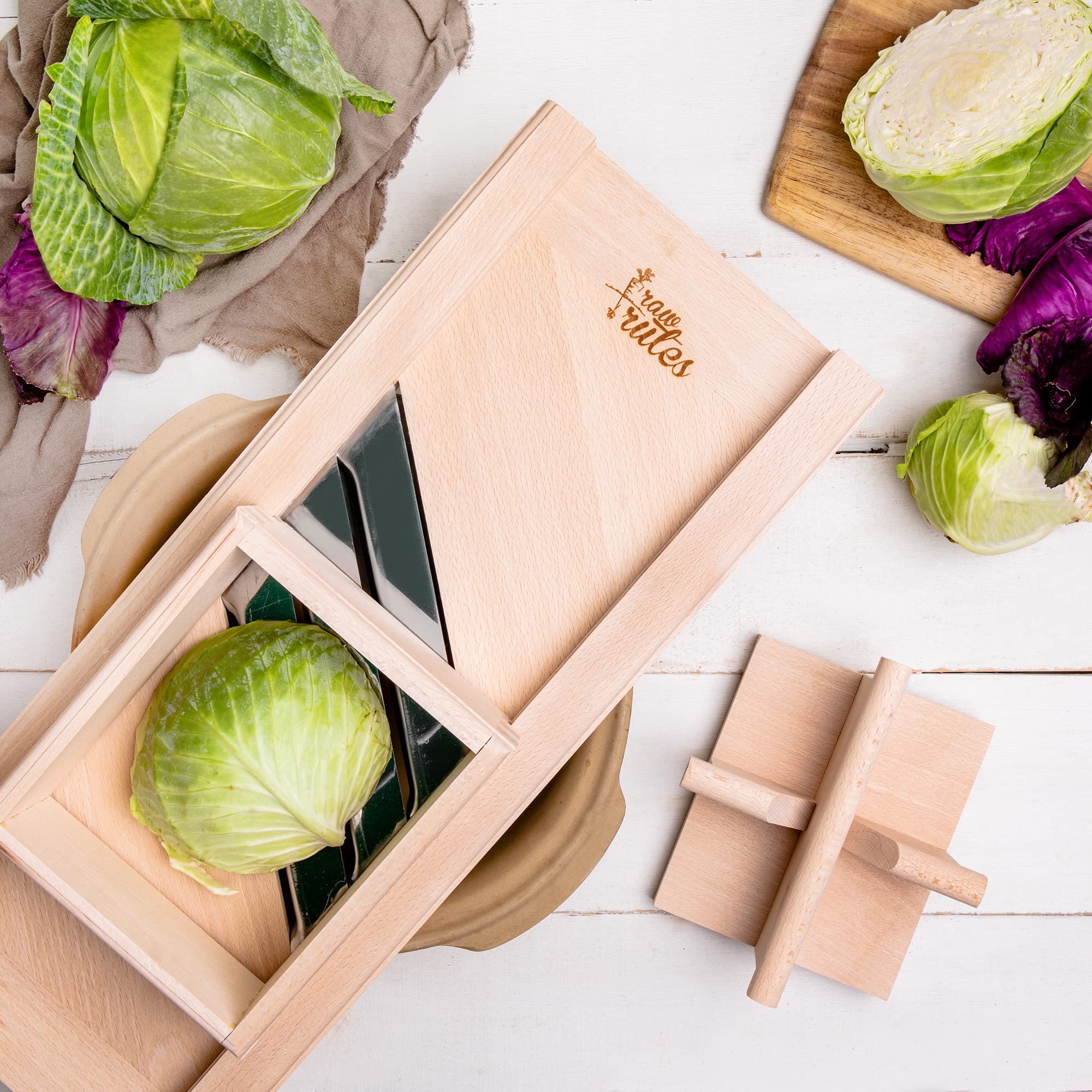Raw Rutes -Traditional Wooden Cabbage Shredder Slicer With Hand Guard For Finely Cut Sauerkraut And Coleslaw - Heirloom Quality