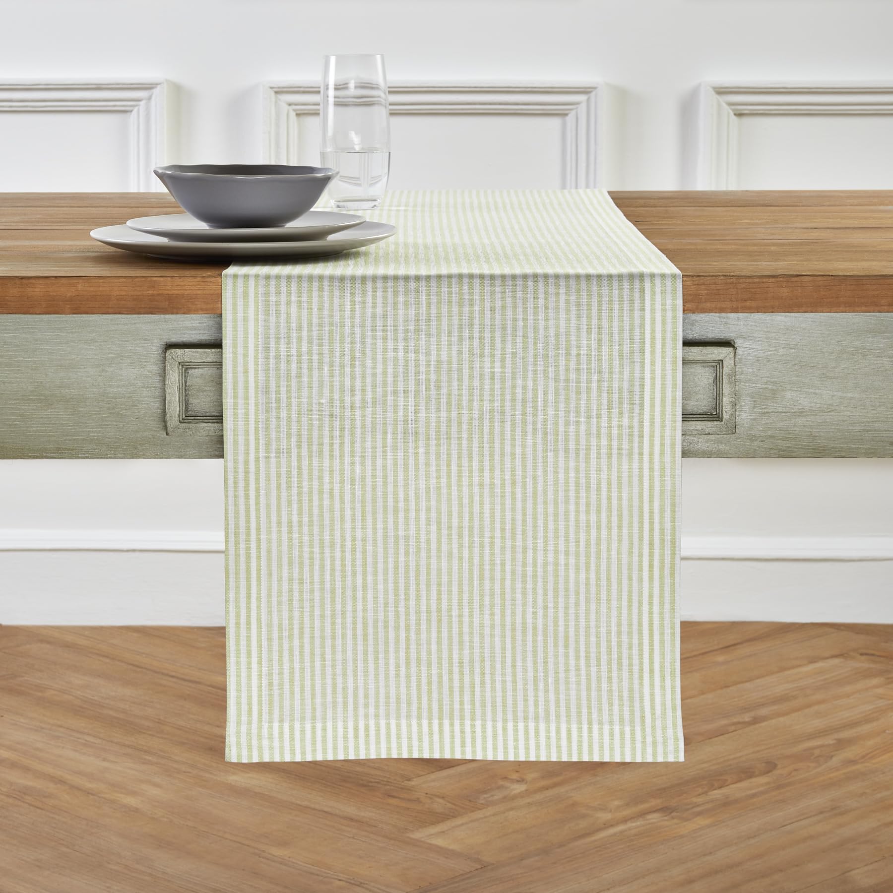 Solino Home Stripe Linen Table Runner 108 Inches Long - 100% Pure Linen Sage And White Dining Table Runner 14 X 108 Inch Ideal F