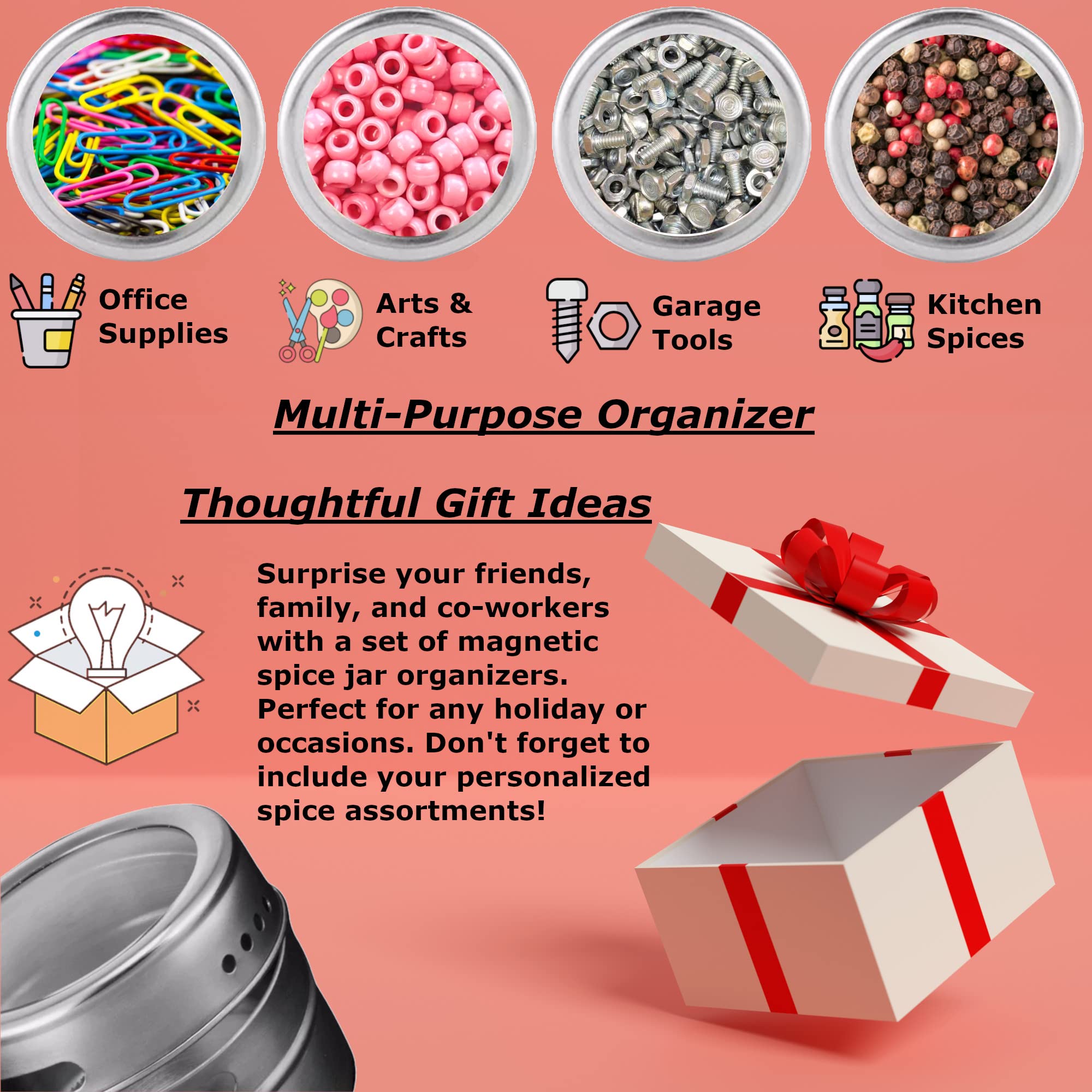 CMS MAGNETICS - (12-Pack Tin Jars Multi-Purpose Magnetic Container Organizer for DYI Craft Supplies  Tools  Paperclips  Office Supplies  and Spices for the Kitchen Refrigerator with Label Stickers