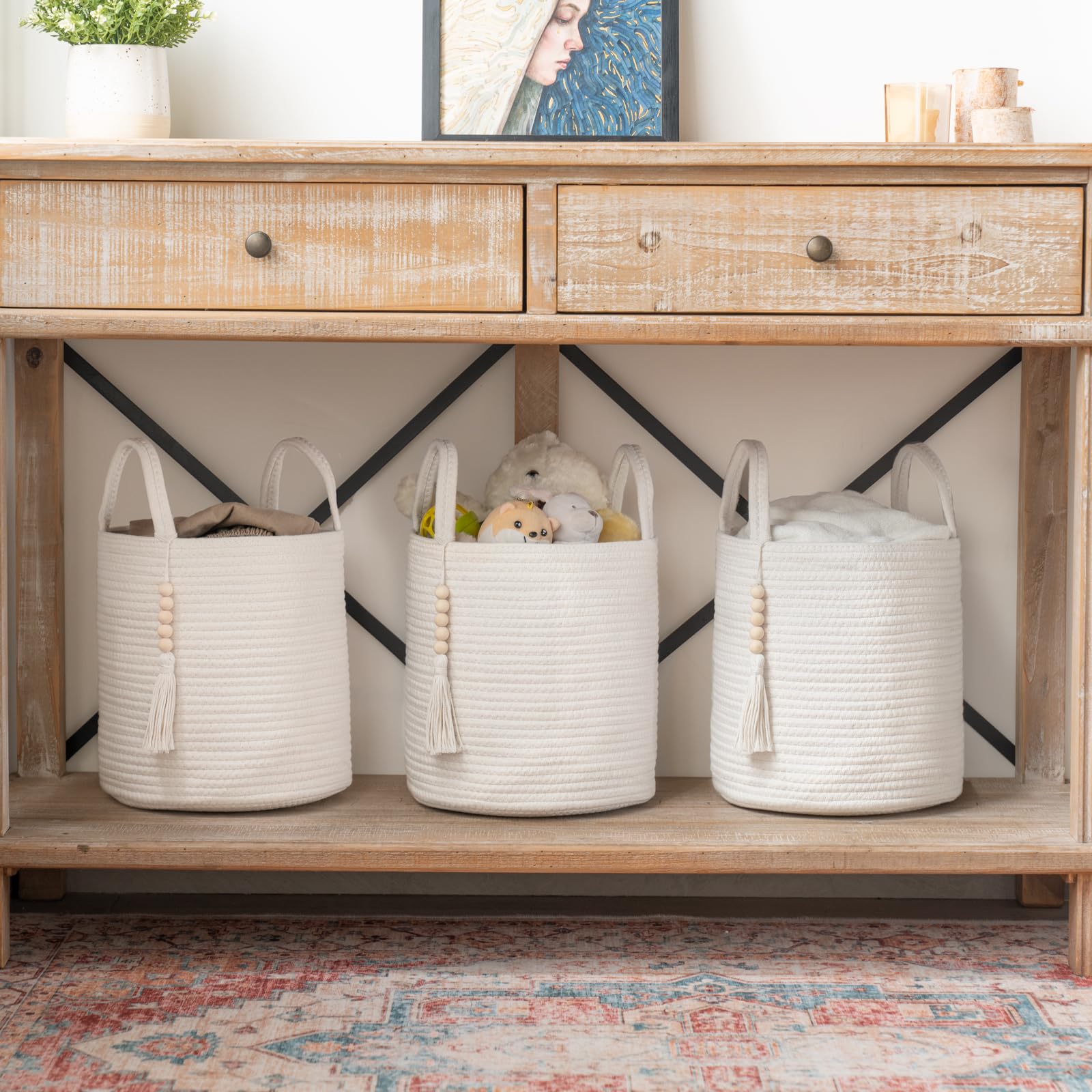 Mkono Woven Storage Basket With Handles Decorative Cotton Rope Basket Wooden Bead Decoration For Blankets,Toys,Clothes,Living Ro
