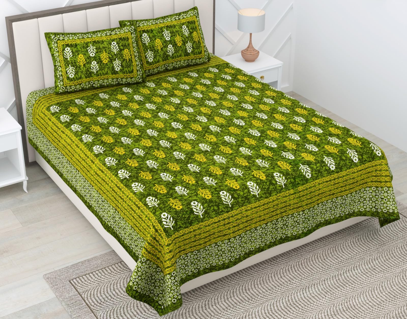 Rajasthanikart Pure 100% Cotton Double Bed Sheet With 2 Pillow Covers (Bedsheet For Double Bed Cotton, Green Small Booty Jaipuri