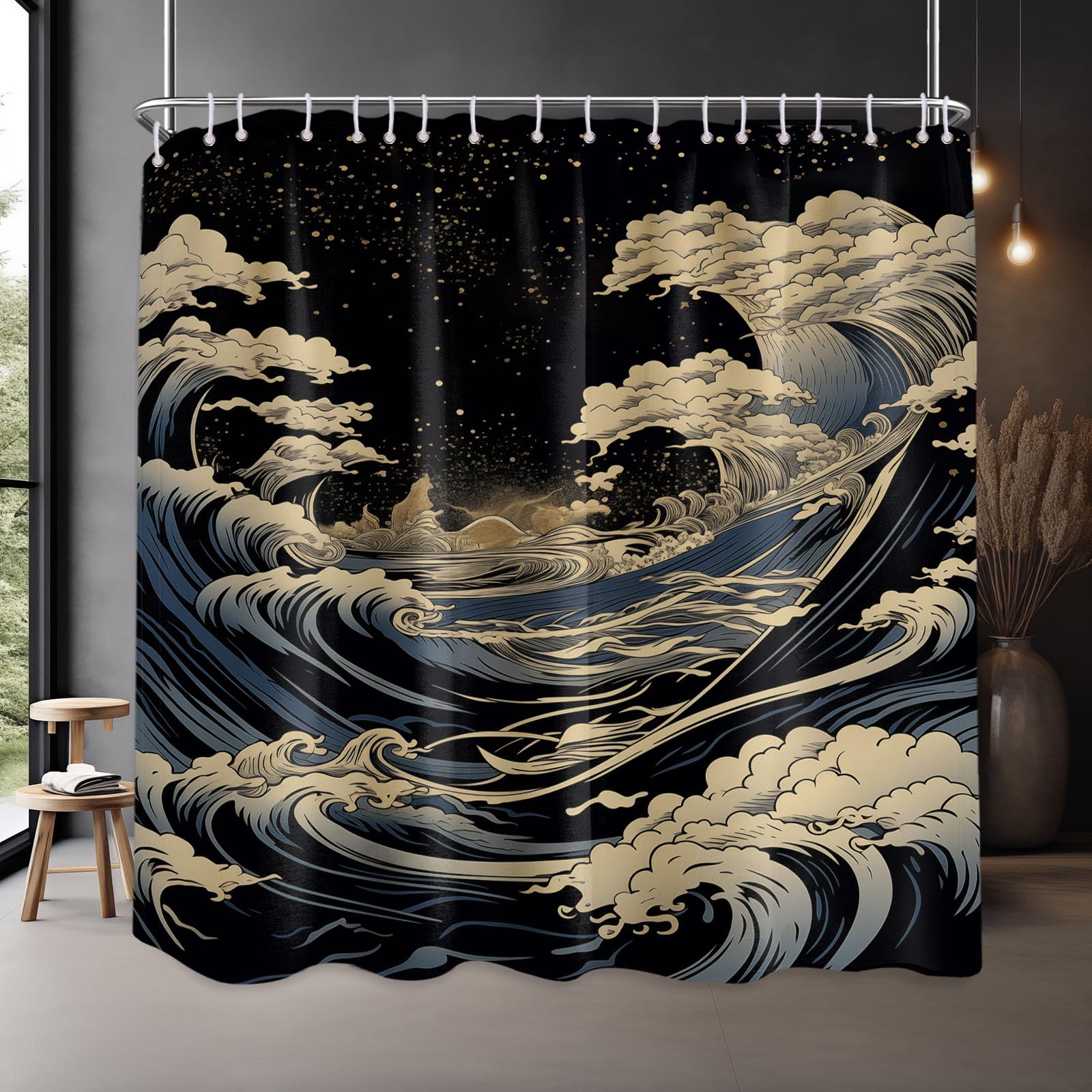 Dltay Anime Shower Curtain, Extra Wide Shower Curtain For Clawfoot Tub, 108 W X 72 L, Japanese Great Waves Oriental Asian Style 
