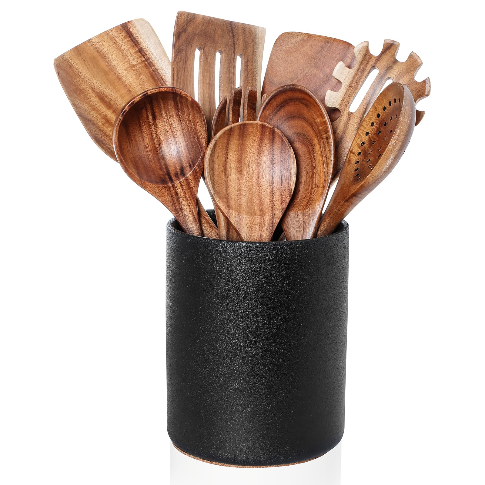 Wooden Cooking Utensils Set with Ceramic Holder,Teak Wood 10pcs Utensils