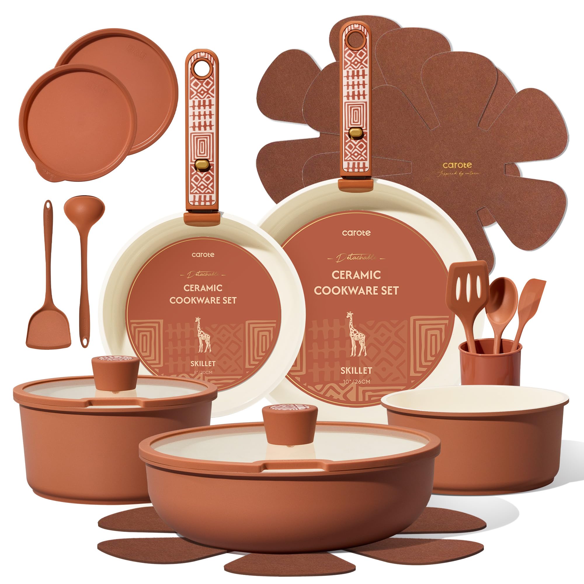 CAROTE 21-Piece Ceramic Cookware Set, Nonstick Pots and Pans Set with Detachable Handle, Non-Toxic Kitchen Cooking Set, Inductio