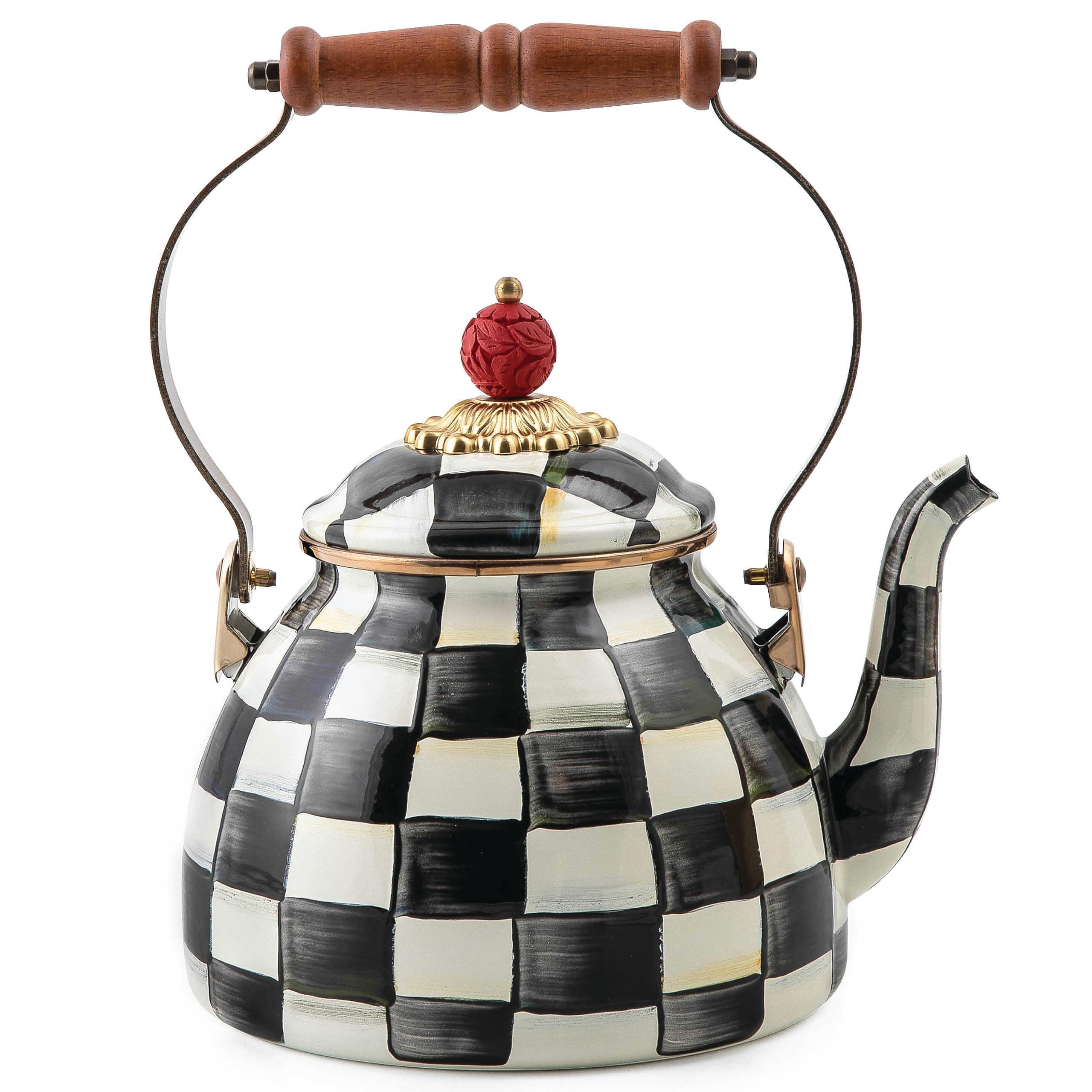 MACKENZIE-CHILDS Enamel Tea Kettle, Stylish Tea Kettle for Stovetop, Blue-and-White Royal Check, 2 Quarts
