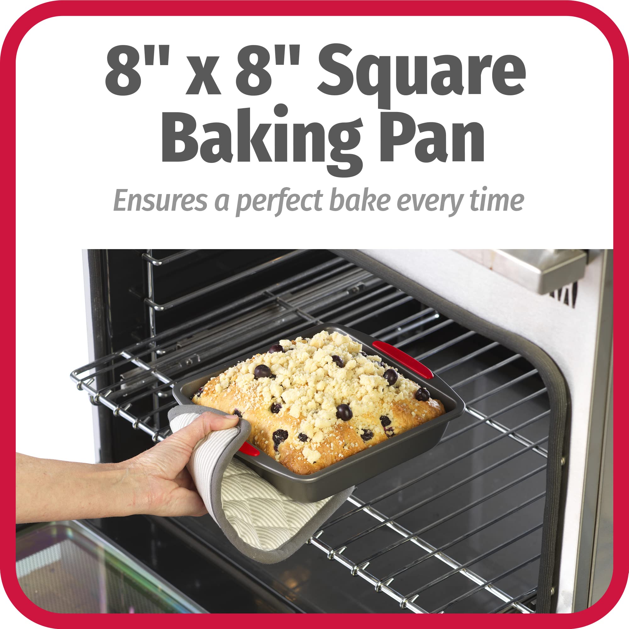 GoodCook Non-Stick Square Baking Pan, 8x8-Inch, Heavy-Gauge Carbon Steel, Gray, Model 04276 with Silicone Grip Handles