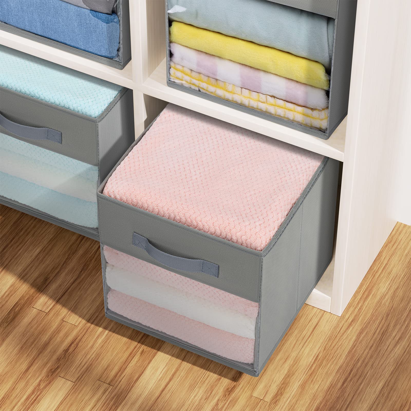 DIMJ Storage Cubes  12 Inch Cube Storage Bins with Window  Fabric Organizer Bins with Handle  Storage Baskets for Shelves  Storage Box for Clothes  Toys  Books (6 Packs  Grey)