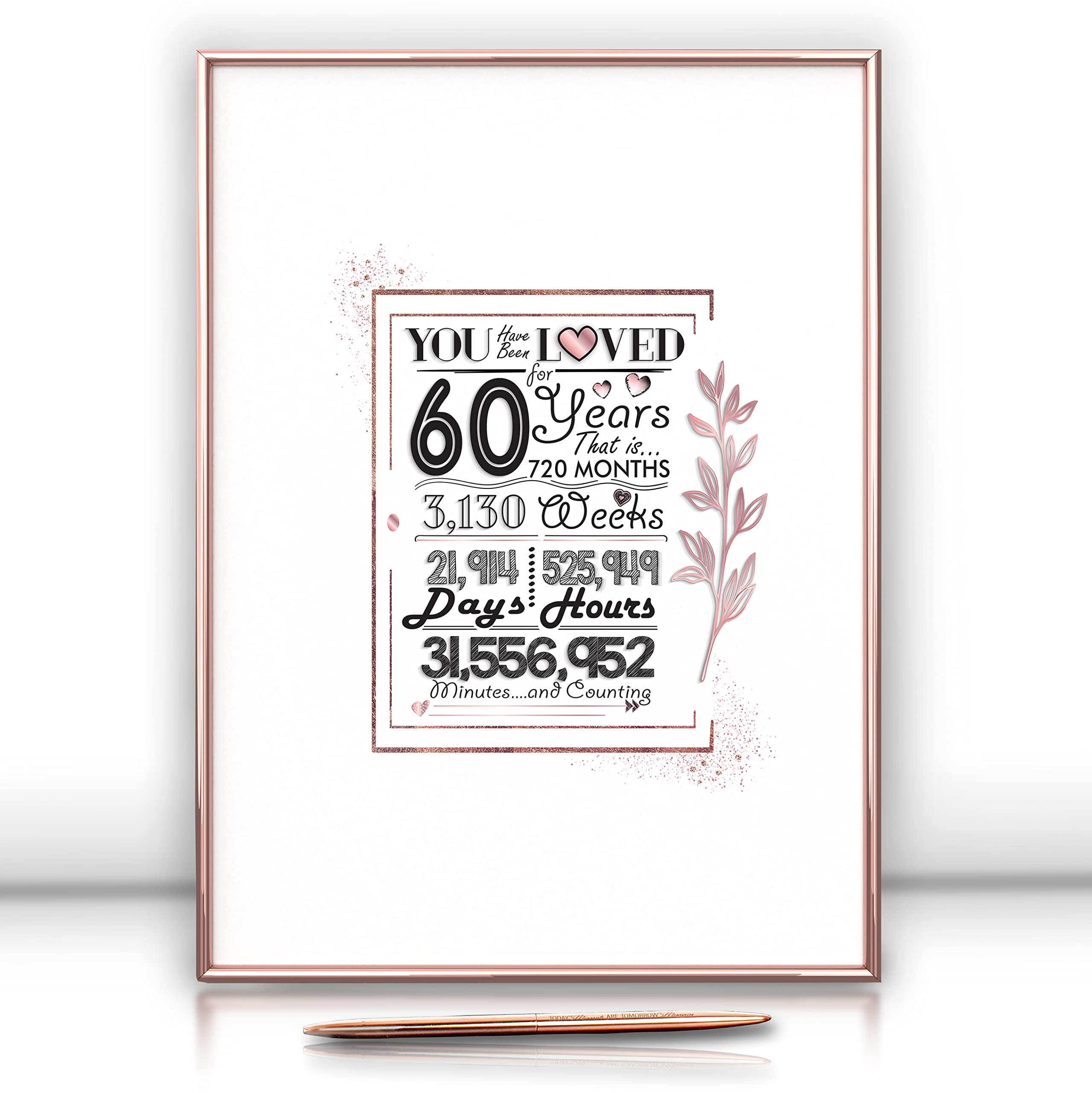 Framed Rose Gold 60Th Birthday Decorations Sign Poster For Girl - 60 Birthday Gift 12''X16'' Guest Party Favors Book Alternative