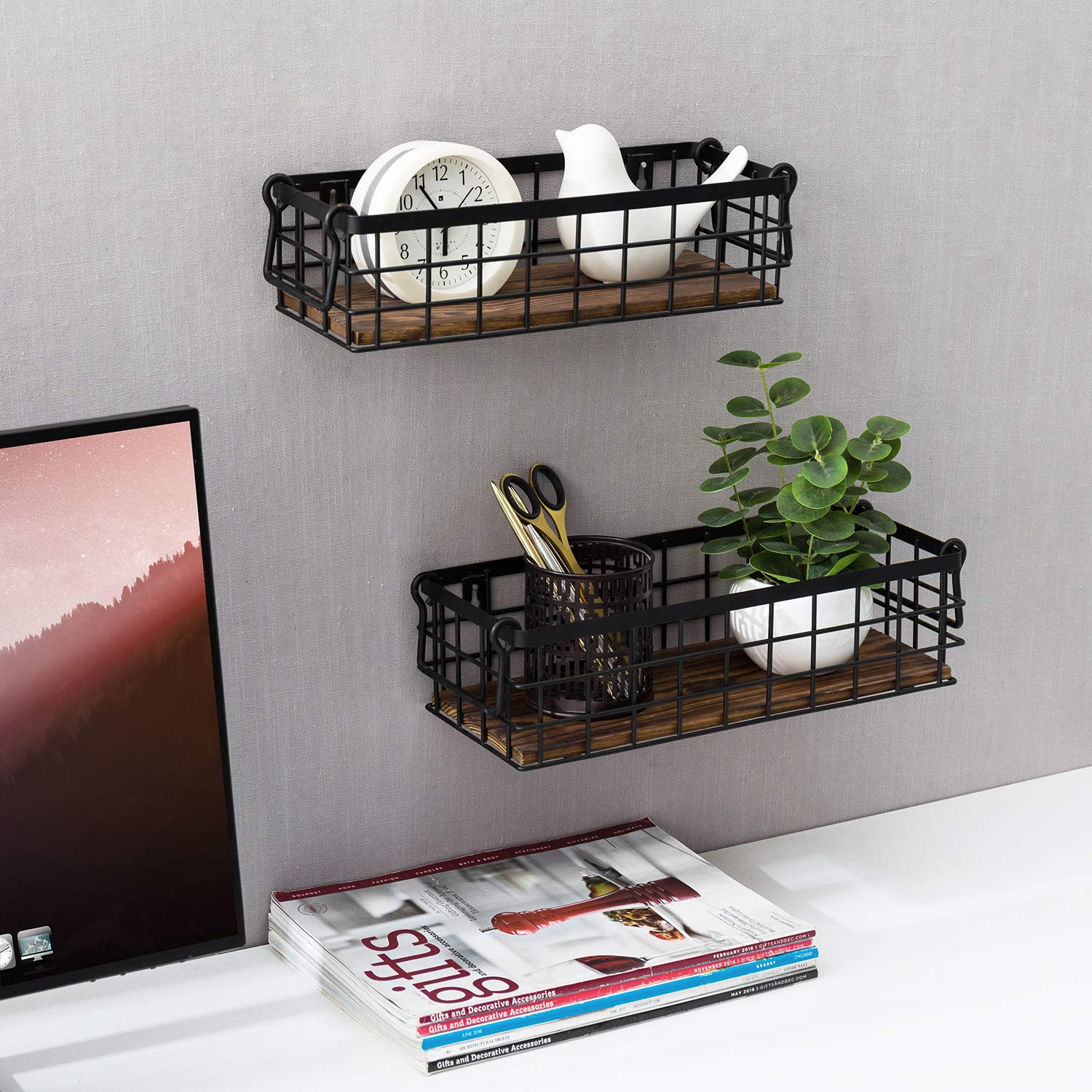 Mygift Wall Mounted Or Tabletop Rustic Black Metal Wire And Burnt Wood Small Decorative Storage Baskets With Handles, Set Of 2