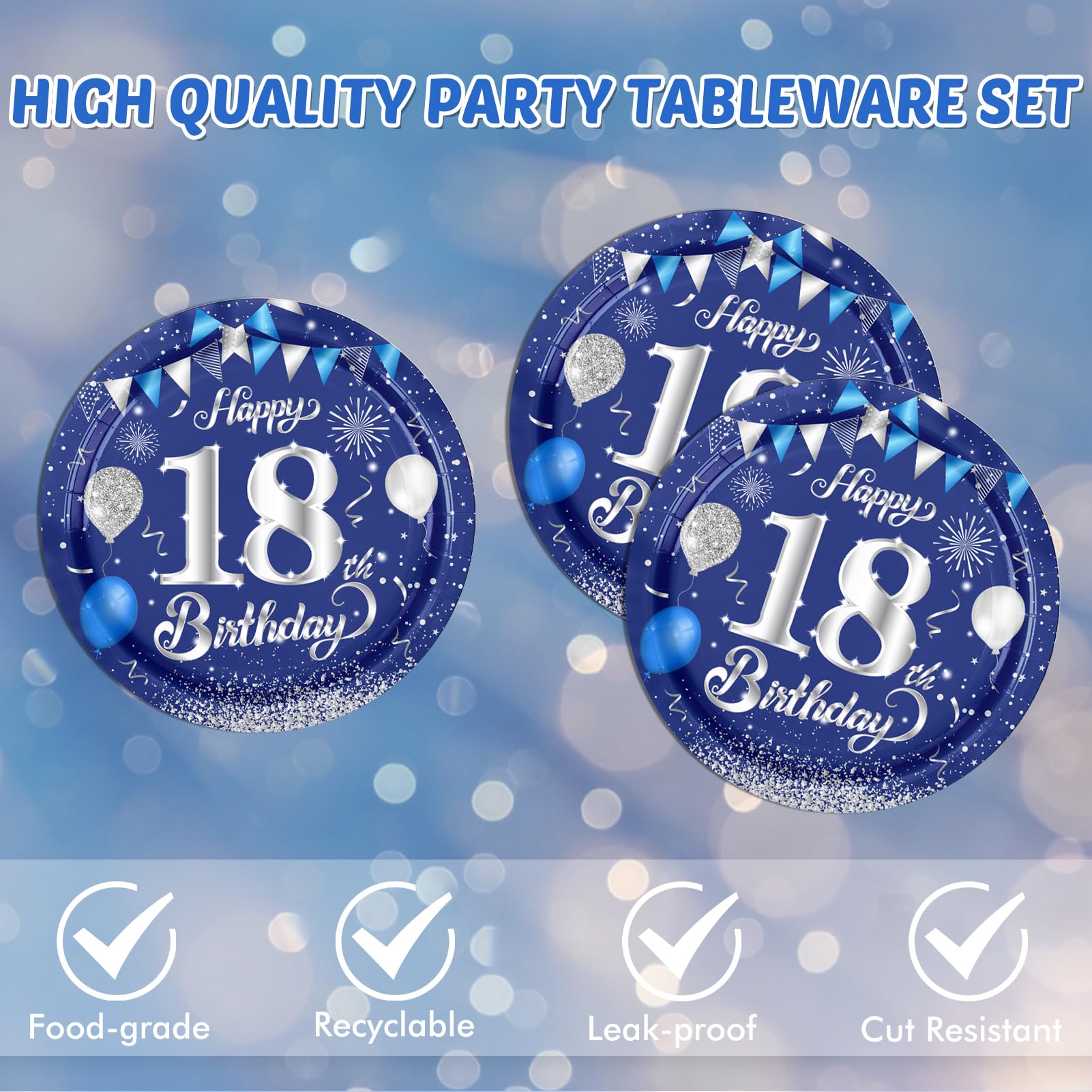 40Pcs Happy 18Th Birthday Decrations For Men Women Blue And Silver Themed Disposable Party Favors Includeing Plates And Napkins