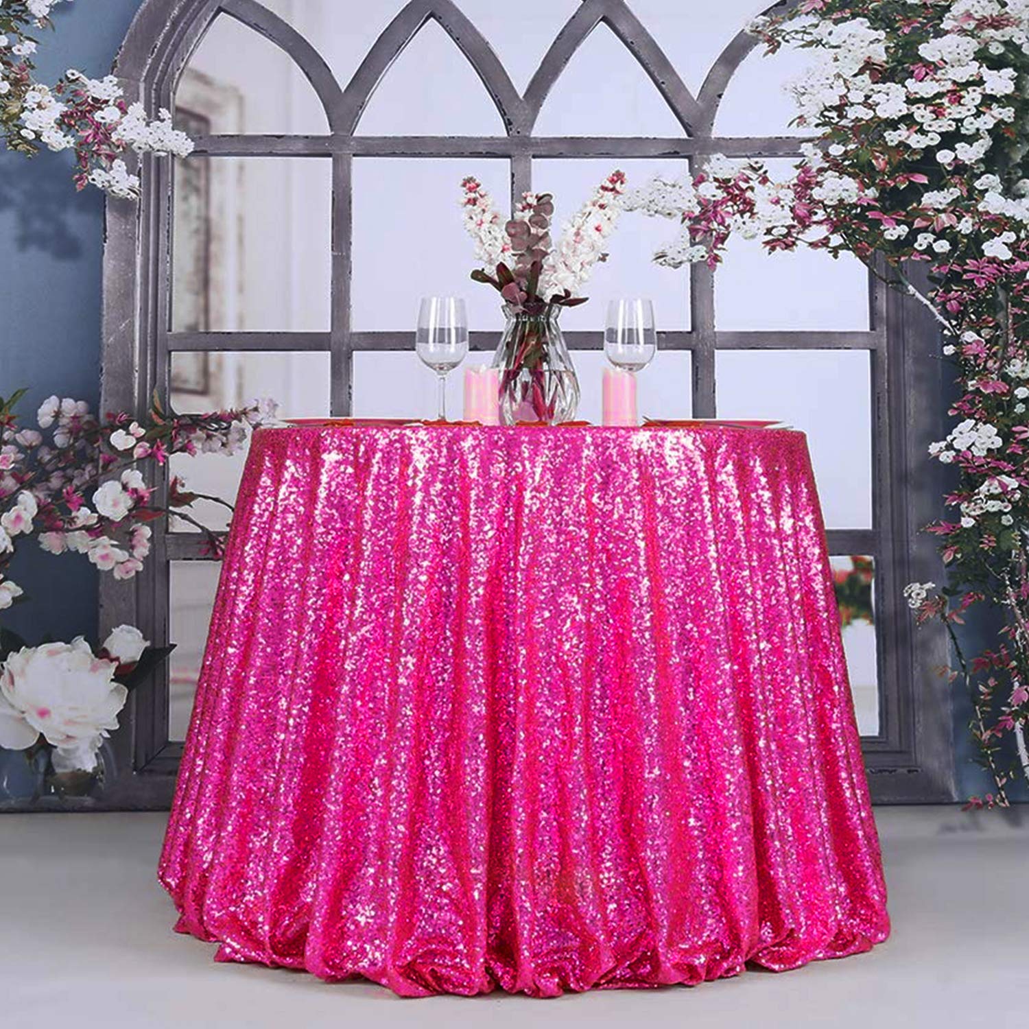 Jyflzq Fuchsia Sequin Tablecloth 70 Round Sparkly Drape Table Cloths Table Cover Overlay For Wedding Birthday Party Baby Bridal