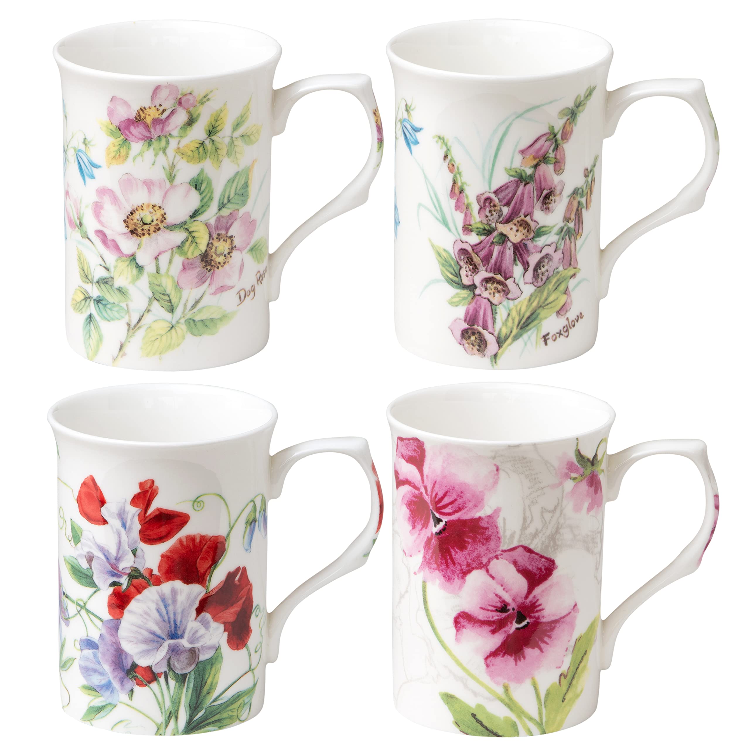 Grace Teaware Bone China Coffee Tea Mugs 9Ounce (Sweet Floral) (Set of 4 Assorted)