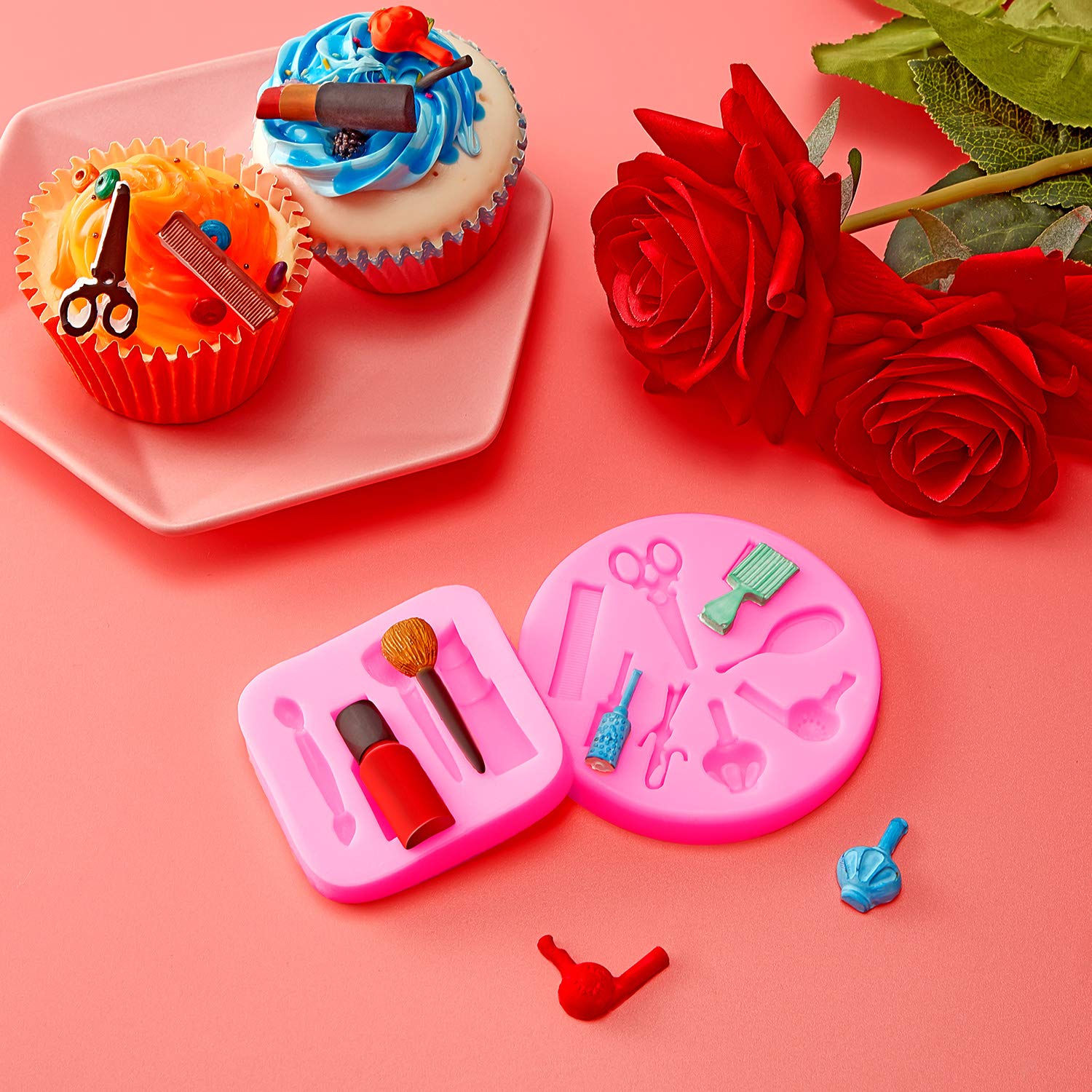 2 Pieces Makeup Tools Design Fondant Cake Molds Makeup Designed Silicone Molds Scissors Hair Tools Shaped Fondant Mold For Choco