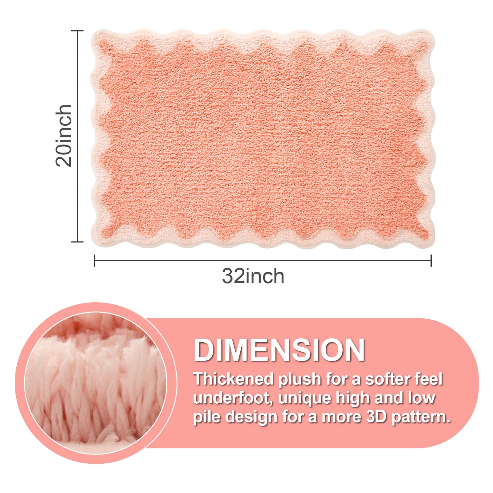 Ortigia Cute Coral Pink Scalloped Bath Mat, Fun Plush Microfiber Scallop Bathroom Rugs Non Slip Washable Quick Dry Absorbent, Ba