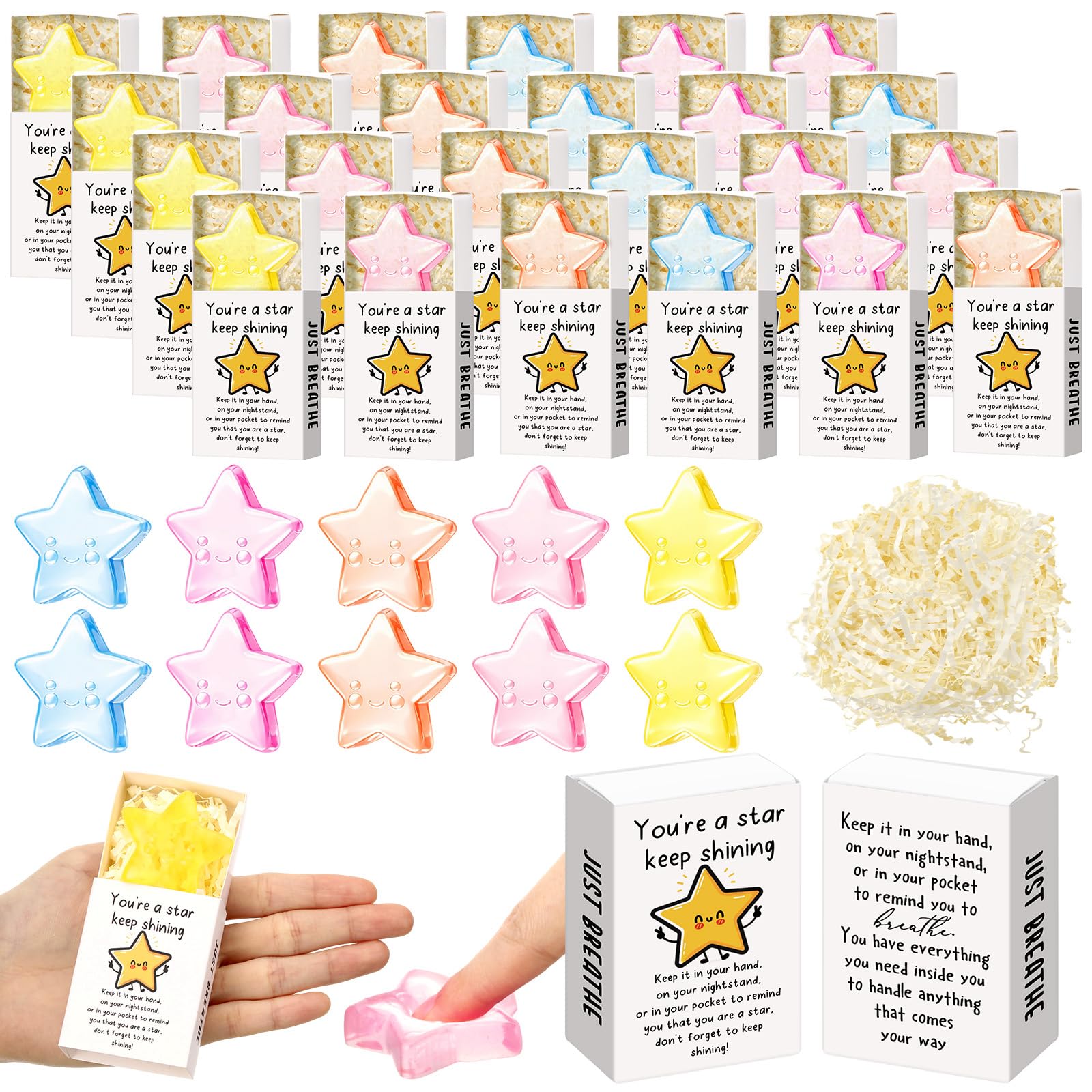 Wettarn 24 Sets Star Positive Gifts Transparent Stress Balls with Gift Boxes Inspirational Party Favors for Employee Coworker St