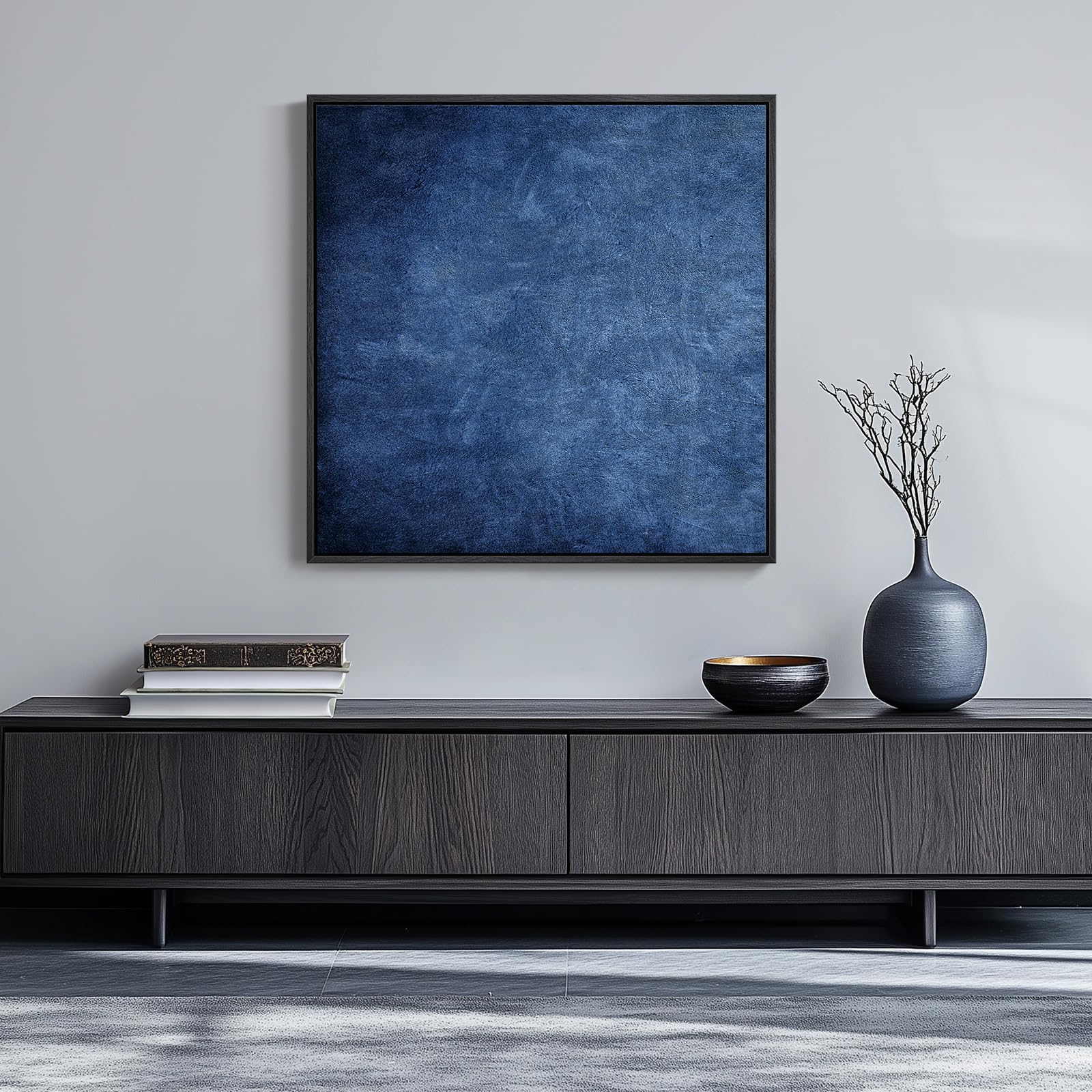 Framed Navy Blue Modern Abstract Wall Art For Living Room, Large Square Canvas Paintings Artwork For Walls, Minimalist Blue Wall