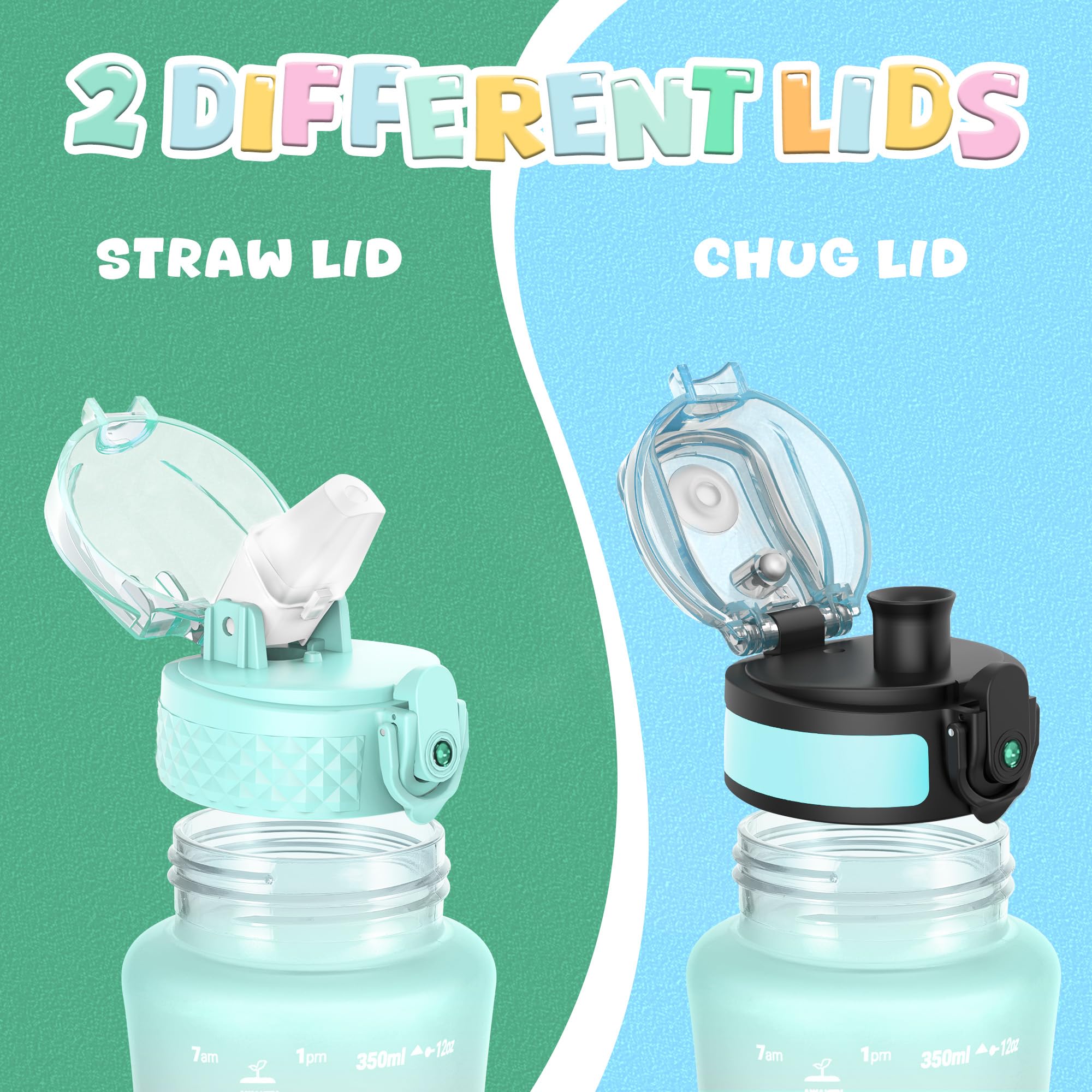 OLDLEY Kids Water Bottle for School  12 oz (2 lids) BPA-Free Reusable Leak-proof Durable Tritan Plastic Water Bottles with Straw & Chug Lids  Anti-dust Spout Cover (Mintpink)