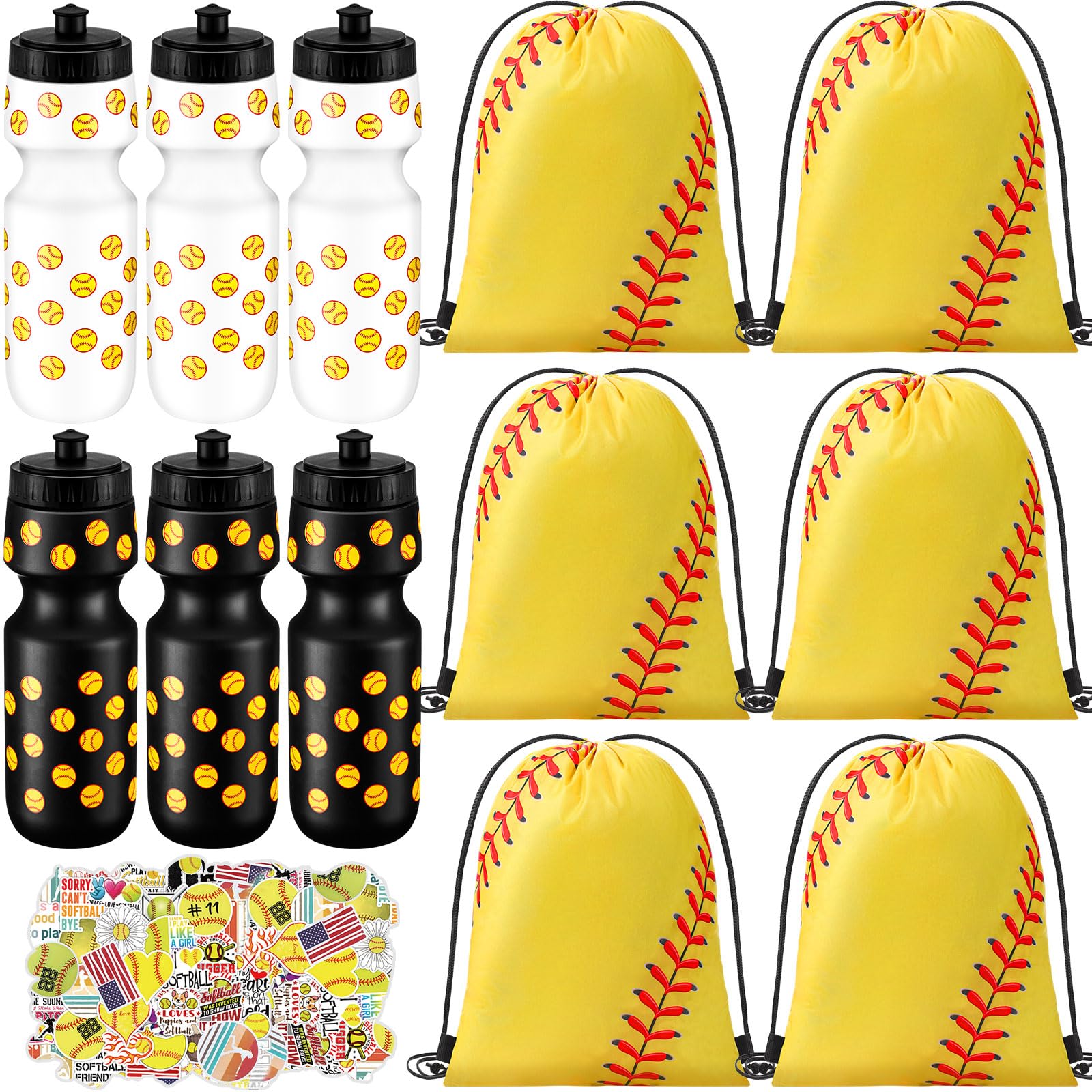 Skybooly 12 Pcs 24 Oz Football Water Bottle Bulk Drawstring Bag and 50 Sticker Set Include 6 Football Theme Squeeze Water Bottle