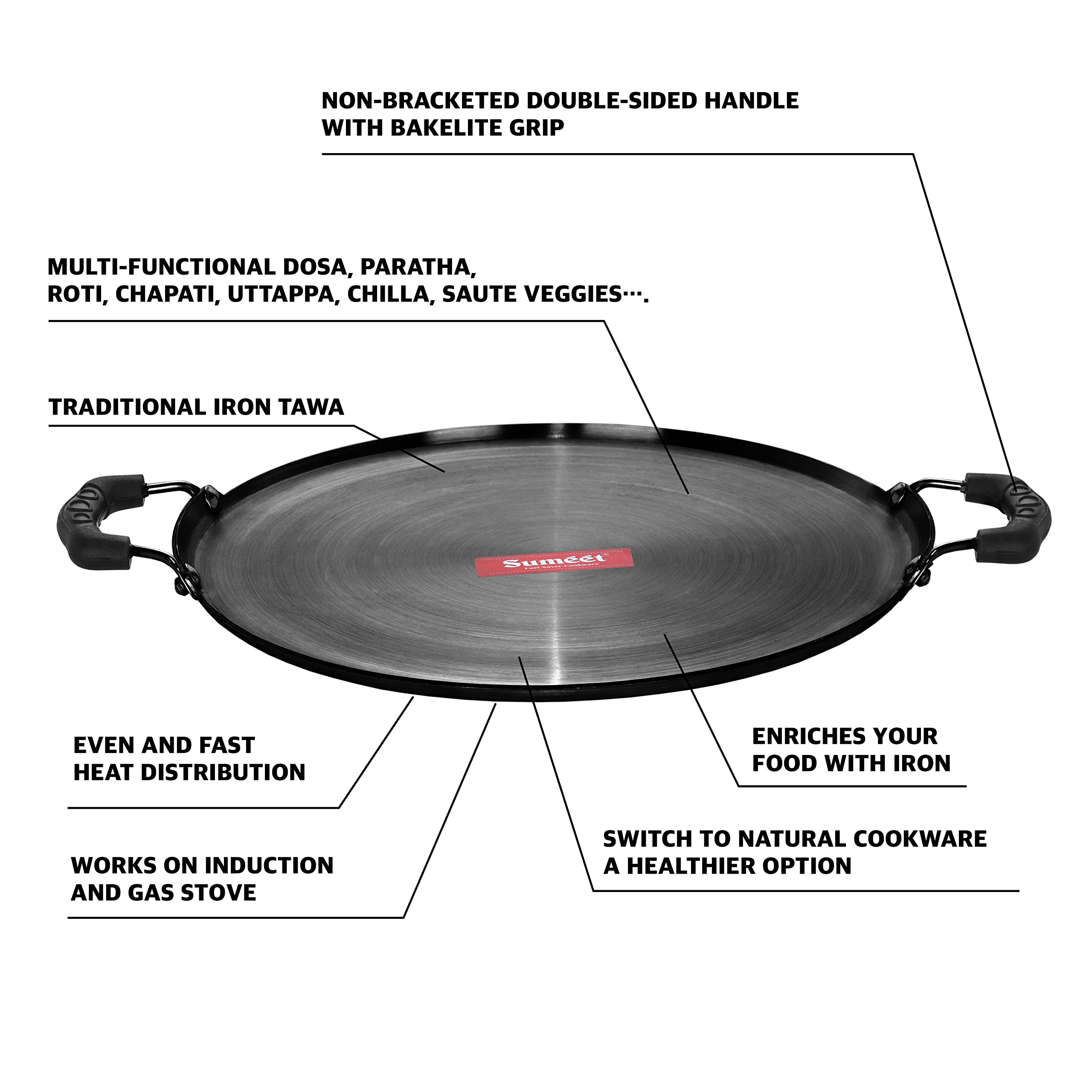 Sumeet Pre Seasoned 2.5Mm Thick Iron Dosa Tawa With Double Side Handle (27.4Cm)