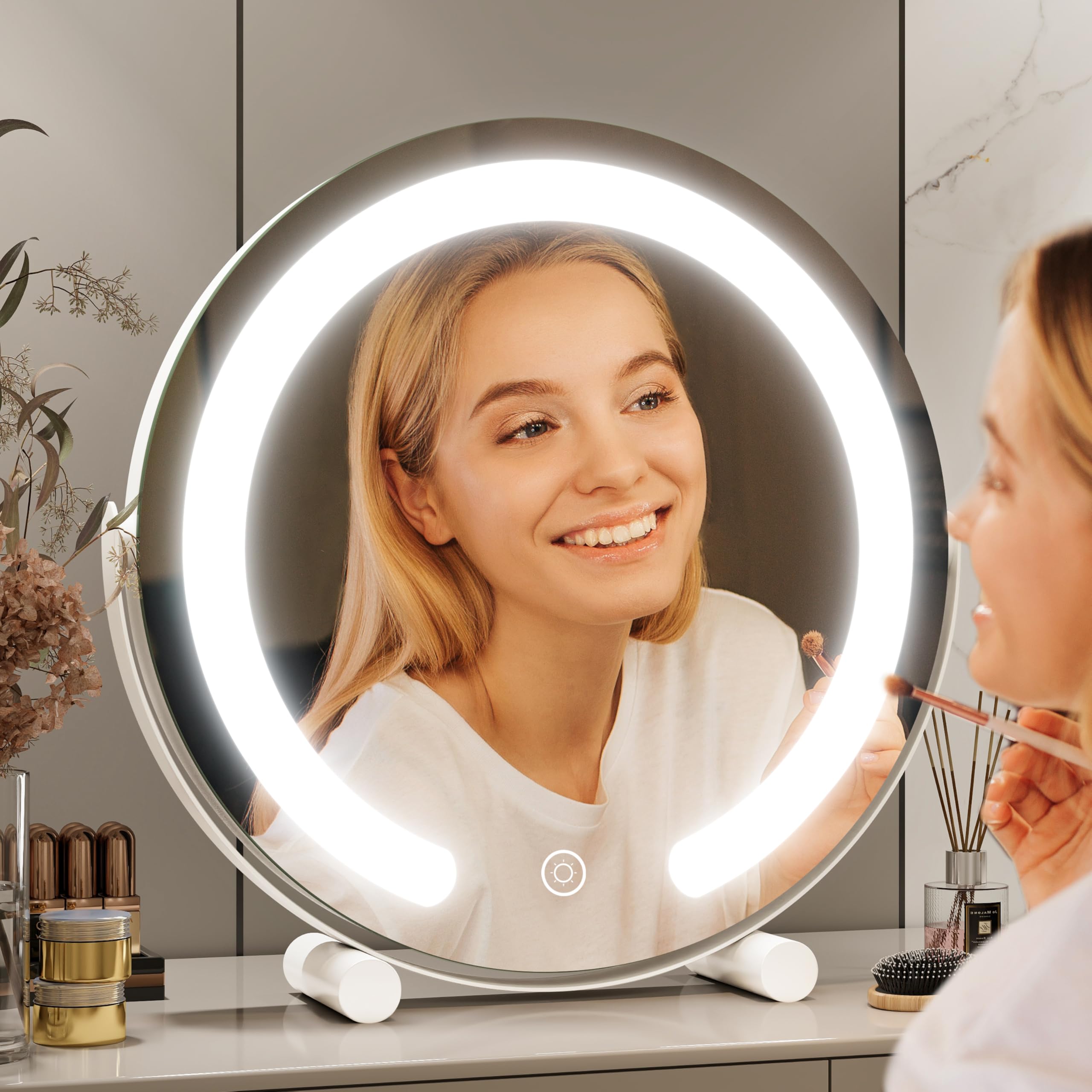 Fennio Vanity Mirror With Lights, 12 Inch Cob Led Lighted Makeup Mirror, Round Makeup Mirror With Lights With 3-Color Lighting,