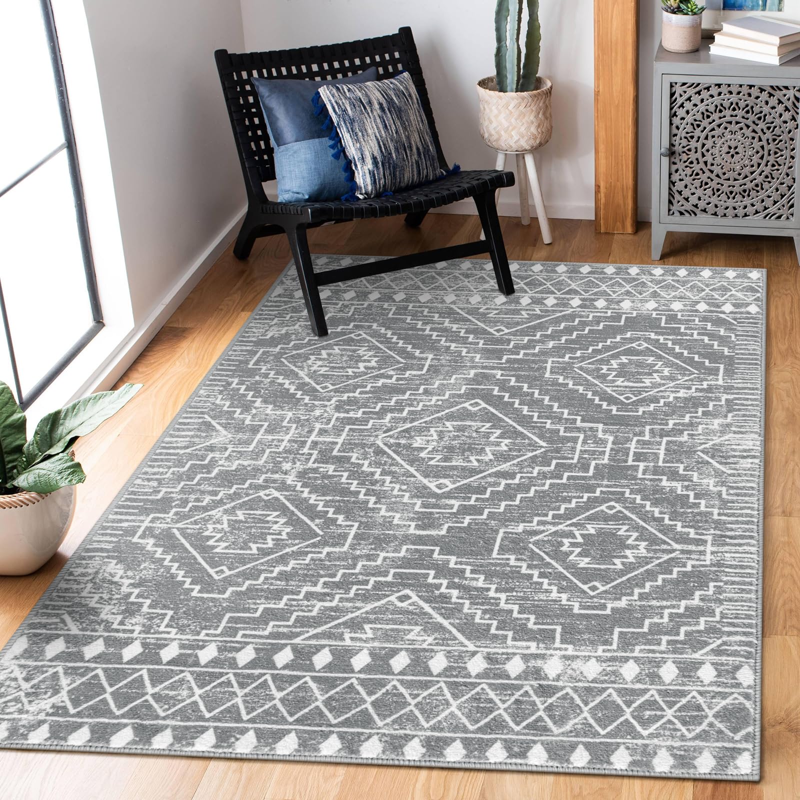 Wonnitar Moroccan Washable Rugs 4x6, Non-Slip Gray Living Room Area Rug, Boho Soft Large Rugs for Bedroom, Geometric Non-Sheddin