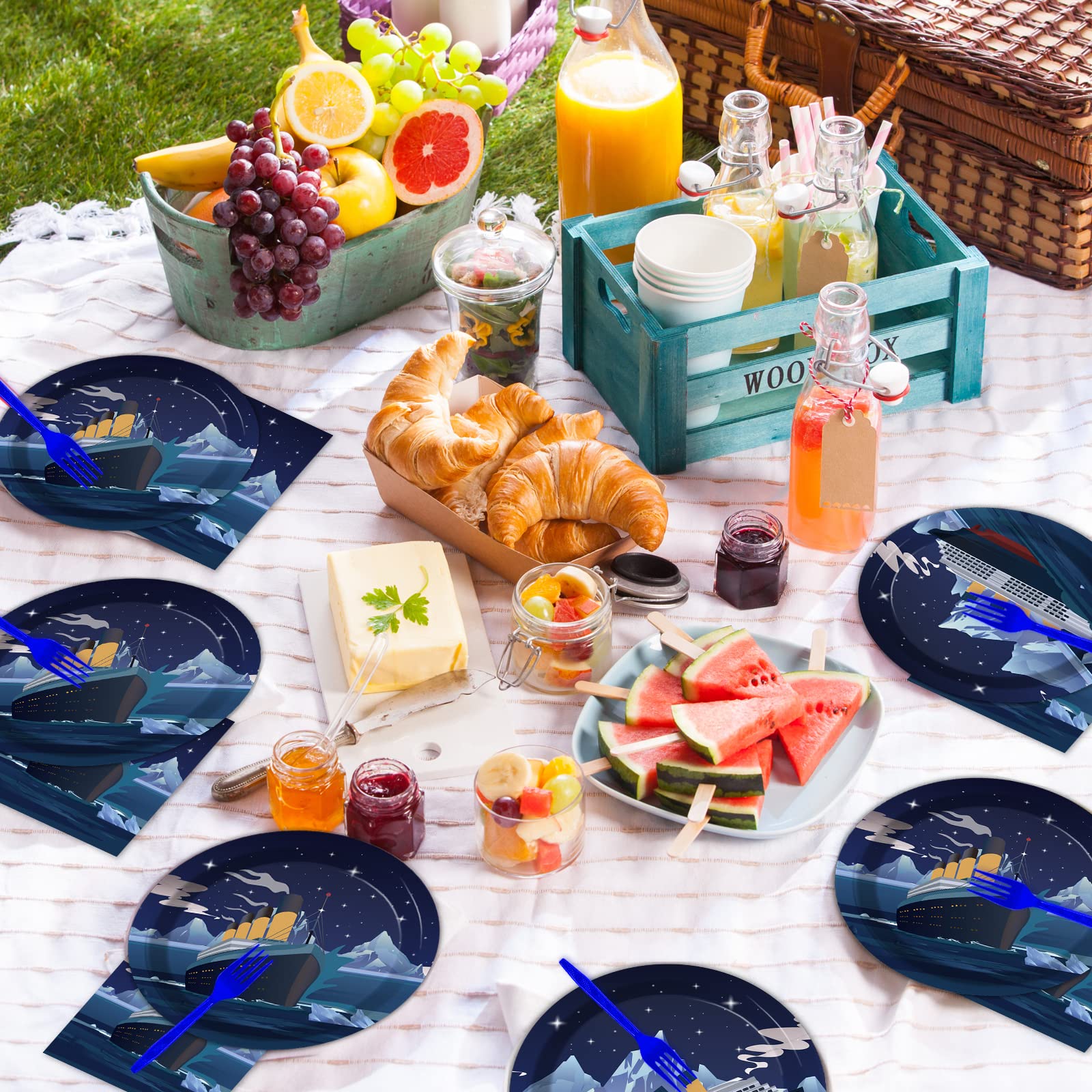 chiazllta 96 Pcs Titanic Party Paper Plate and Napkins Titanic Birthday Party Table Decoration Supplies Ocean Party Paper Plate Napkin Fork for Party Favors 24 Guests