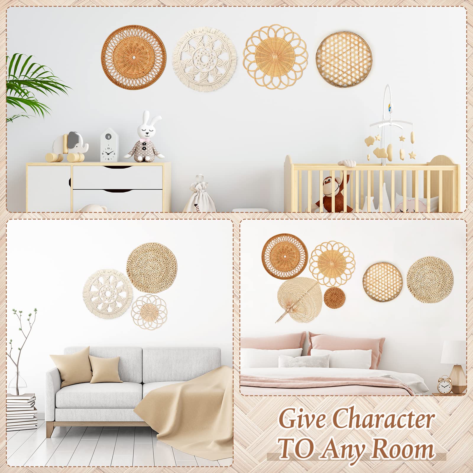 Set Of 8 Boho Wall Basket Decor Flower Shape Rattan Wall Decor Round Flat Woven Wall Decor Hollow Bamboo Hanging Basket Wall Dec