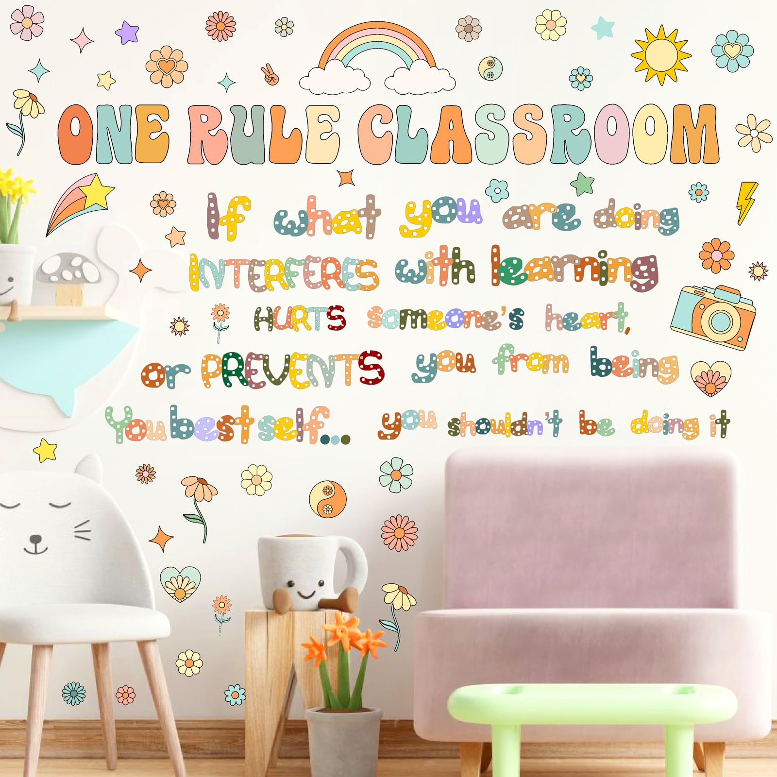 Classroom Wall Decals Colorful Inspirational Wall Decal Rainbow Flower Wall Sticker Peel And Stick For Nursery Playroom Preschoo