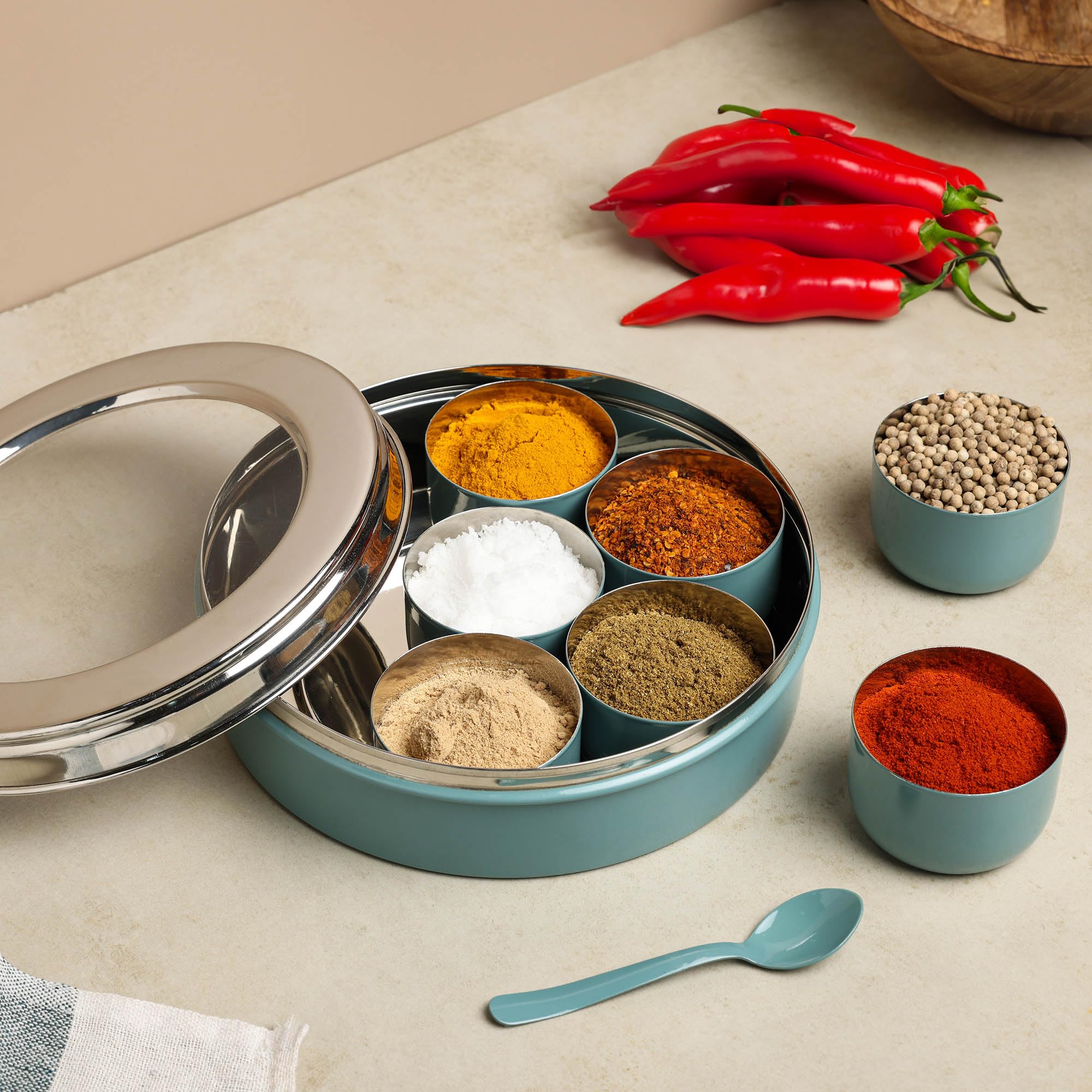 dudki Homes Stainless Steel Masala Dabba Masaladani | Spice Box For Kitchen | Masala Dani With See Through Lid With 7 Containers