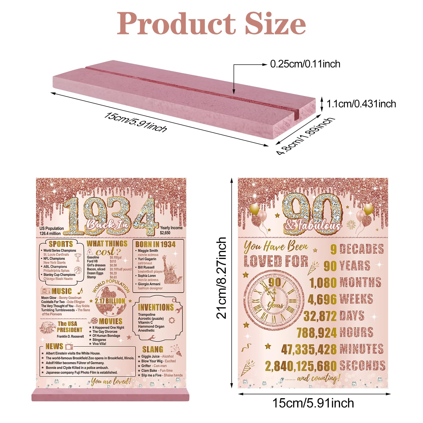 Bumqviy Happy 90Th Birthday Decorations Back In 1934 Table Sign For Women, Pink Rose Gold 90 & Fabulous Birthday Two-Sided Woode