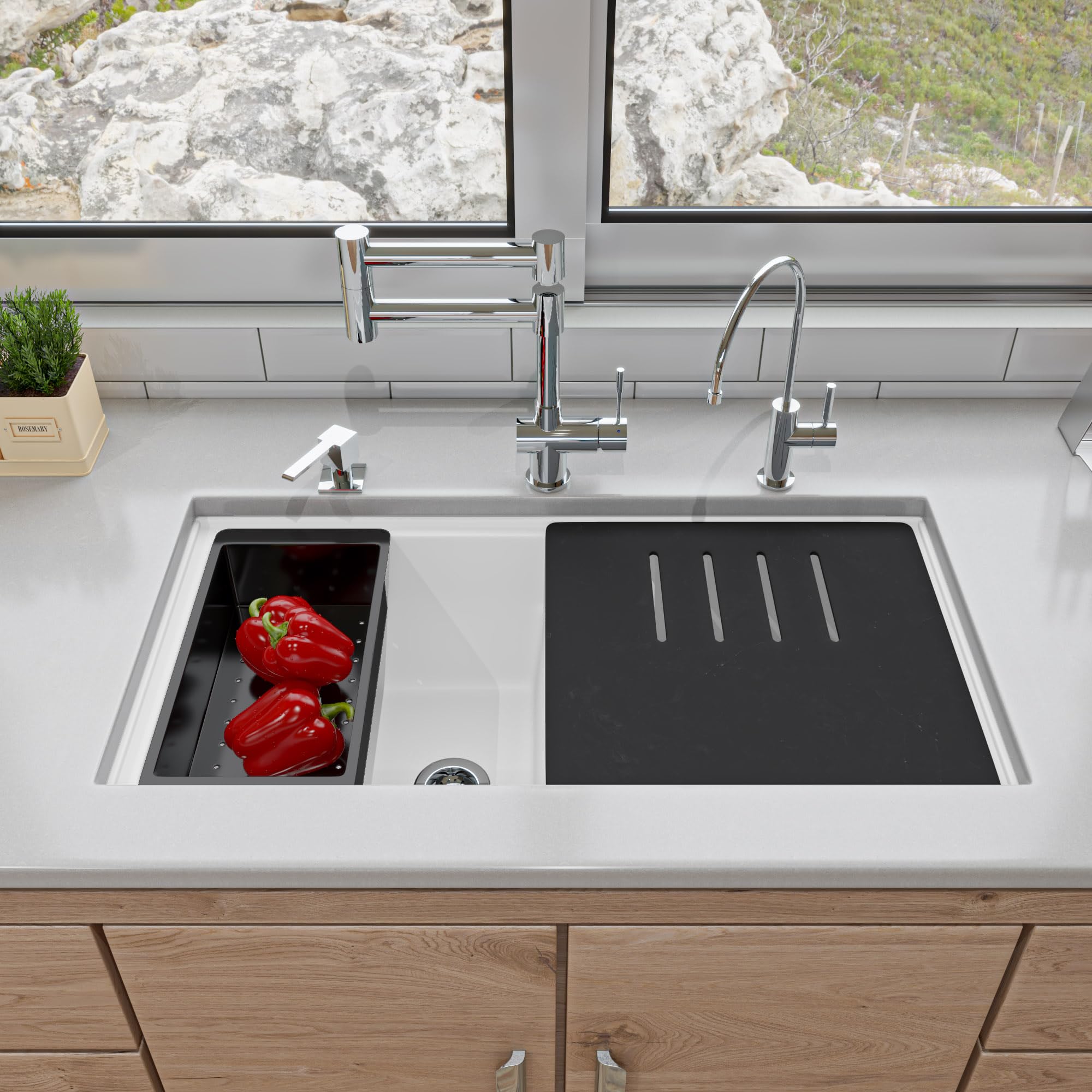 Alfi Brand Ab3418Dbum-W White 33'' Granite Composite Workstation Step Rim Double Bowl Undermount Sink With Accessories