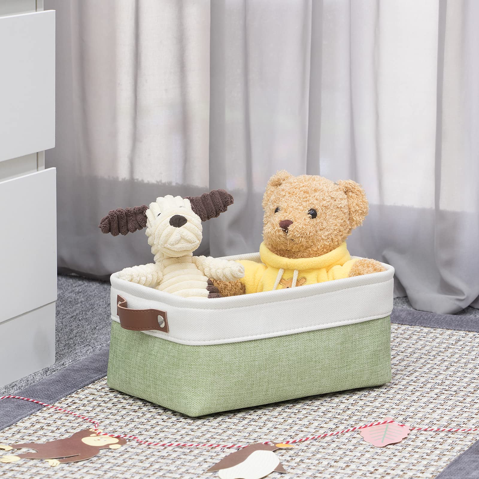 HNZIGE Collapsible Storage Baskets for Shelves(6pack) Small Fabric Bins with Handles  Linen Baskets Organizer Bins for Organizing Closet Nursery Home Shelves(White&Green  11.8'' x 7.8'' x 5.1'')