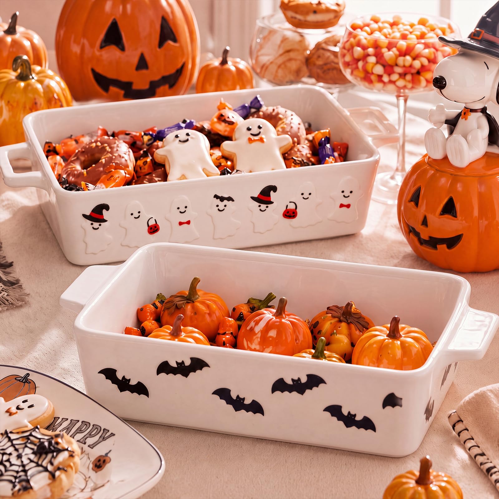 Vesici 2 Pcs Halloween Ceramic Baking Casserole Dish Ghost Bat Shaped