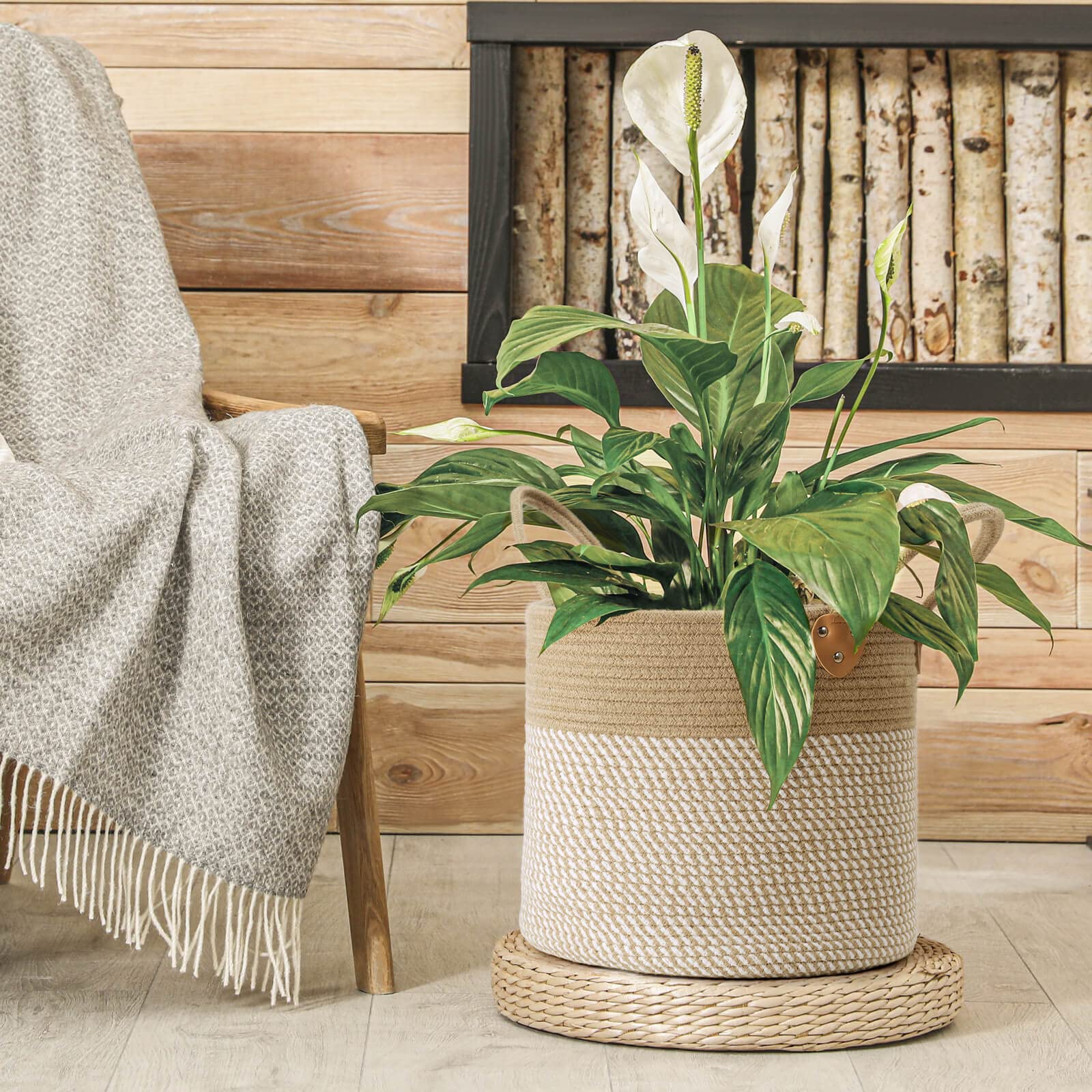 Chicvita Large Jute Basket Woven Storage Basket With Handles - Jute Laundry Basket Toy Towels Blanket Basket Home Decor, White,