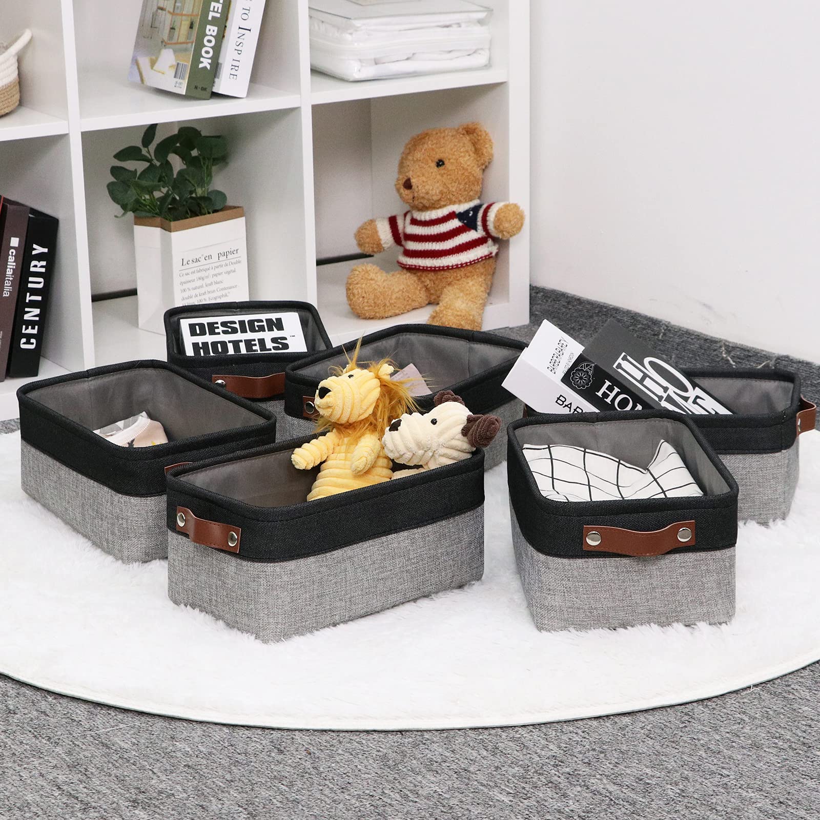 HNZIGE Small Storage Baskets Fabric Bins(6-Pack)Baskets for Shelves  Empty Gift baskets with Leather Handles Folable Baskets for organizing Clothes  Toys  Books  Gifts(Black&Gray 11.8'' x 7.8'' x 5.1'')