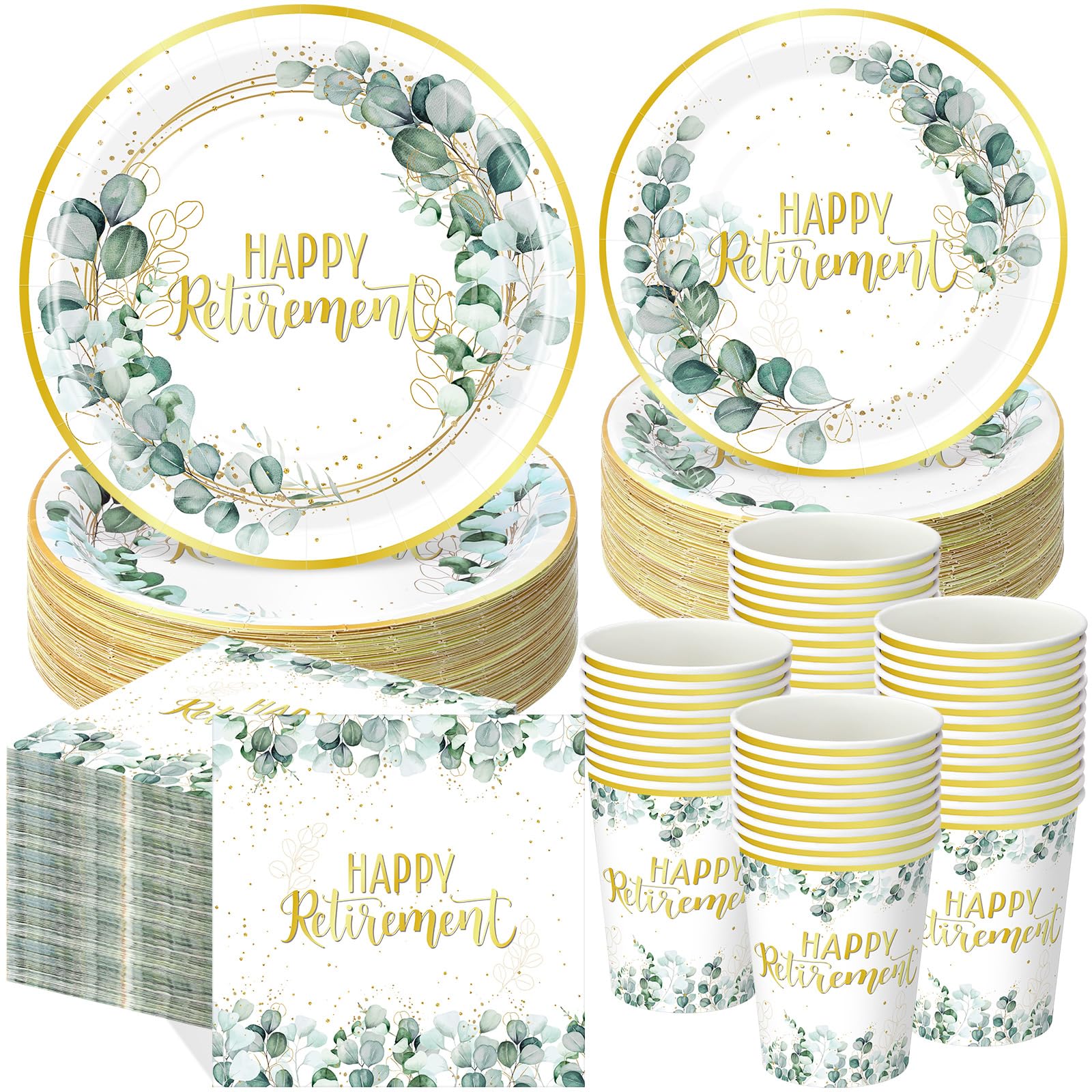 Funnymoom 250 Pcs Sage Green Retirement Party Decorations Happy Retirement Paper Plates Napkins and Cups Greenery Gold Tableware